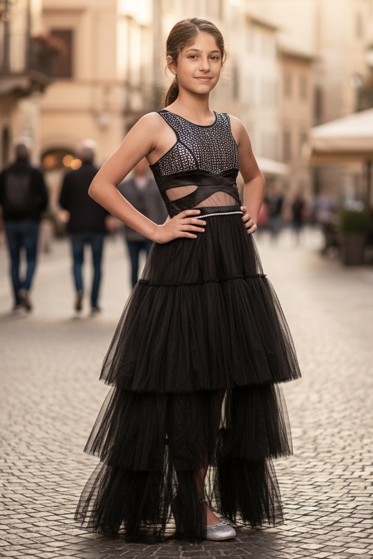 Robe de soirée en tulle détaillée à imprimé pierre Noir MDV340MDV340-SİYAHModaviki