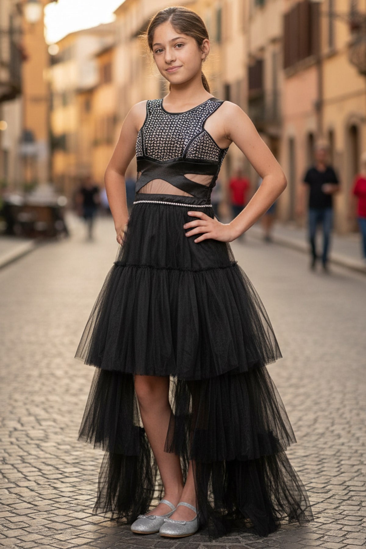 Robe de soirée en tulle détaillée à imprimé pierre Noir MDV340MDV340-SİYAHModaviki