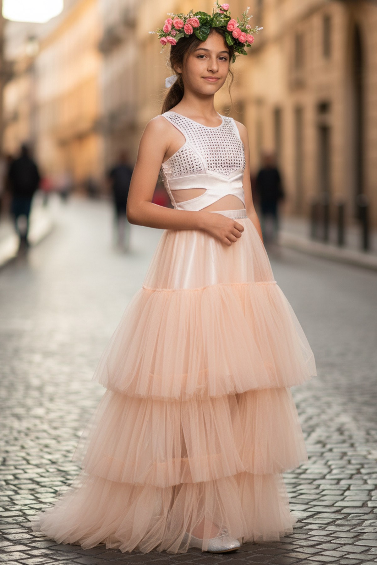 Tulle Evening Dress with Stone Print Detail Salmon MDV340MDV340-SOMONModaviki