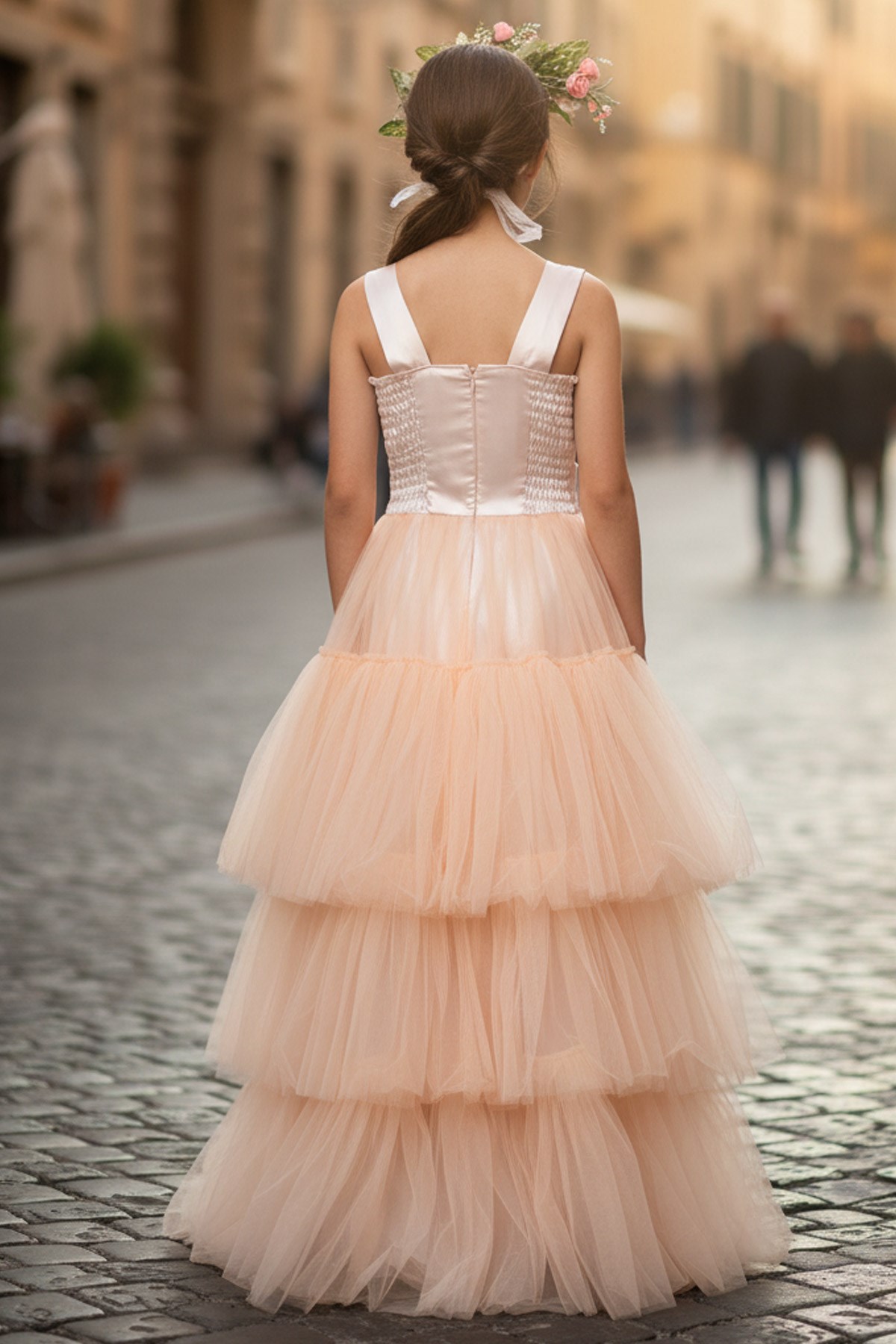 Tulle Evening Dress with Stone Print Detail Salmon MDV340MDV340-SOMONModaviki