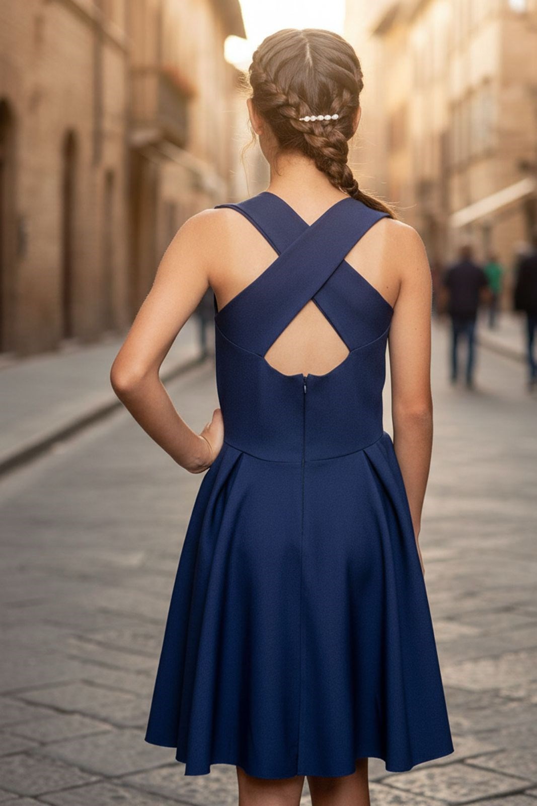 Crepe Evening Dress With V-Neck Navy blue MDV352MDV352-LACİVERTModaviki