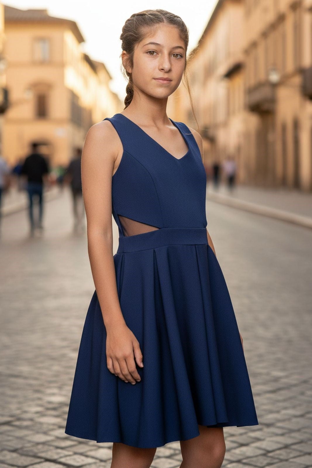 Crepe Evening Dress With V-Neck Navy blue MDV352MDV352-LACİVERTModaviki