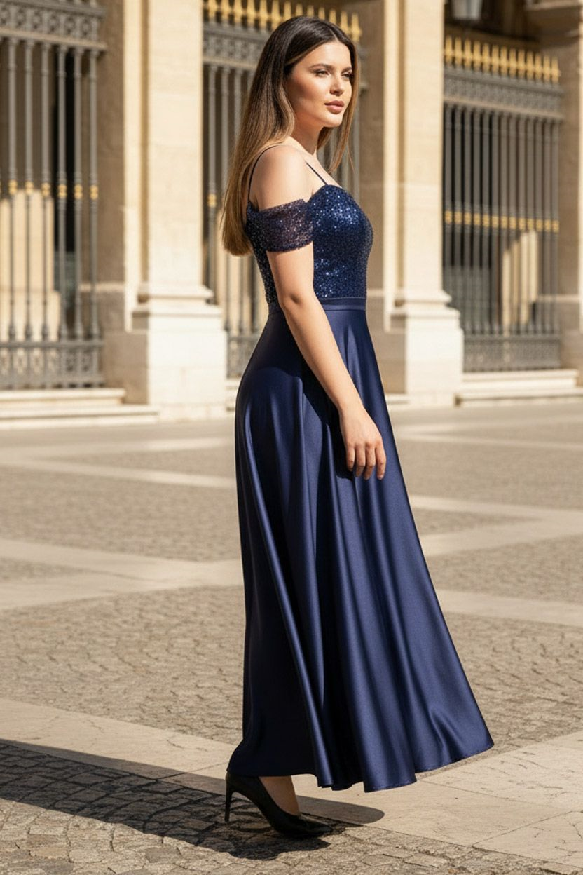 Strap Sequined Satin Evening Dress Navy Blue MDV386
MDV386-LACİVERTModaviki