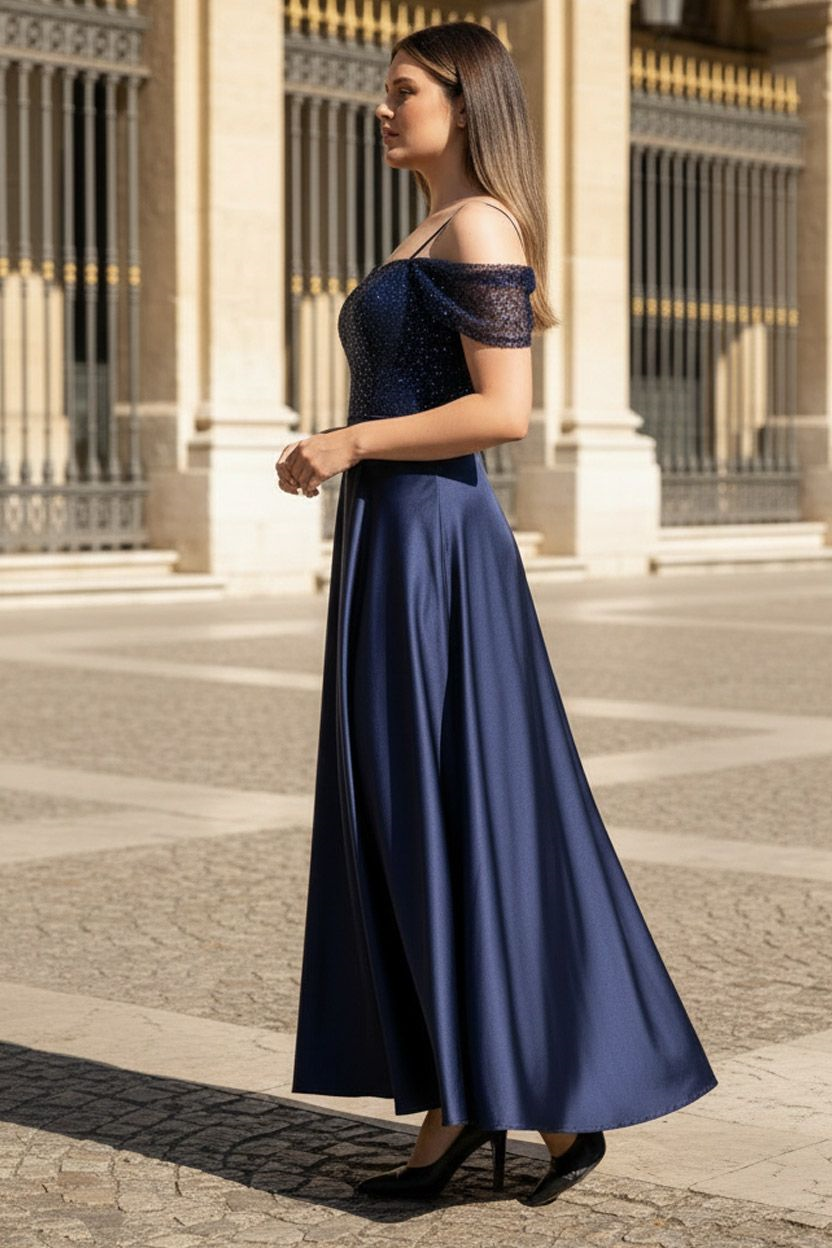 Strap Sequined Satin Evening Dress Navy Blue MDV386
MDV386-LACİVERTModaviki