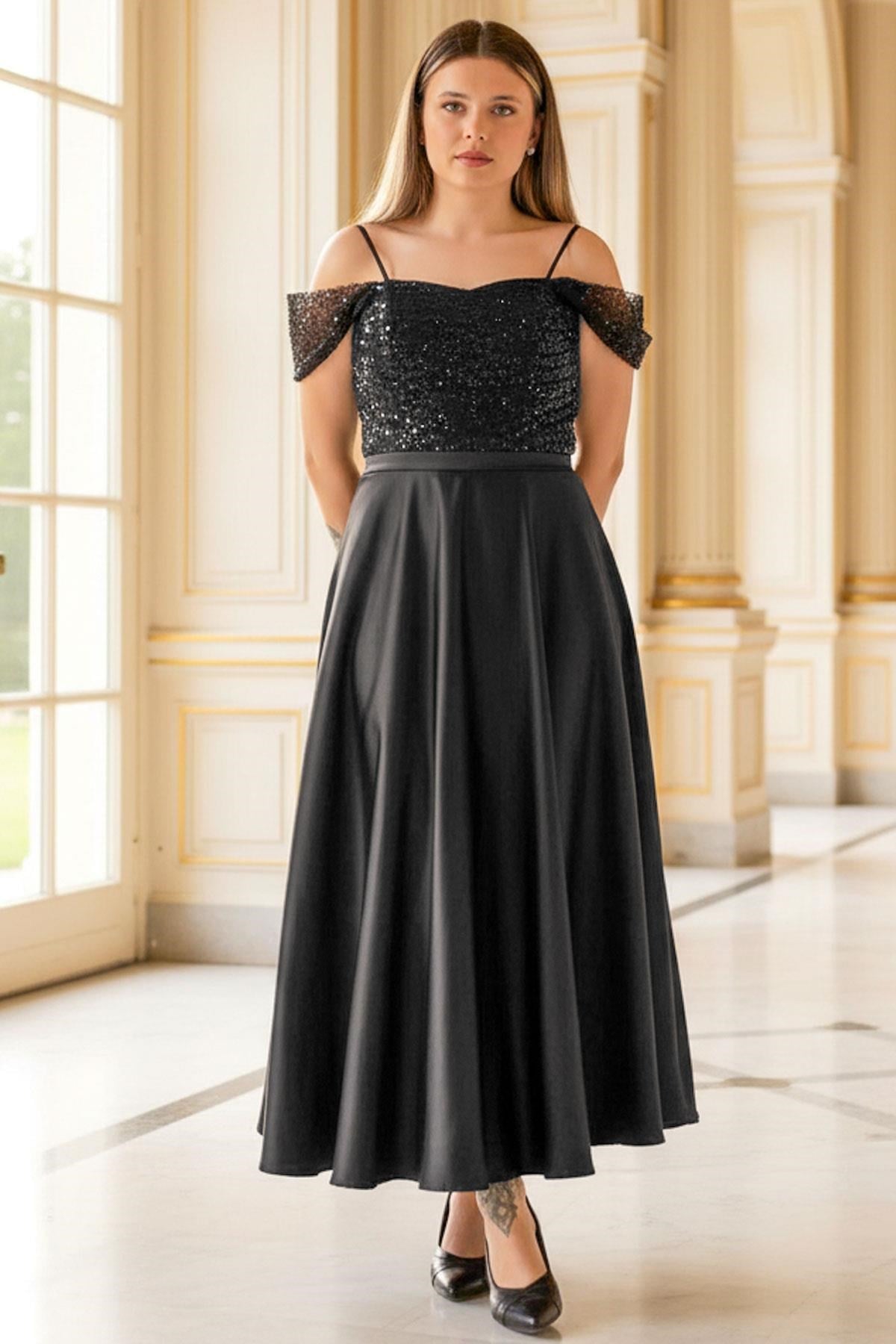 Pinkfarbenes Trägerloses Abendkleid mit Pailletten und Schwarzem Satin MDV386MDV386-SİYAHModaviki