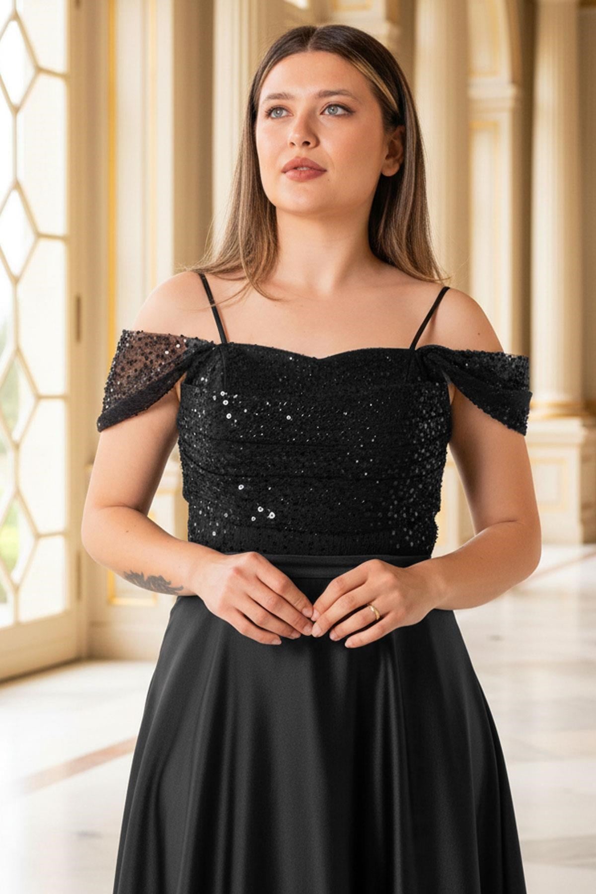 Pinkfarbenes Trägerloses Abendkleid mit Pailletten und Schwarzem Satin MDV386MDV386-SİYAHModaviki