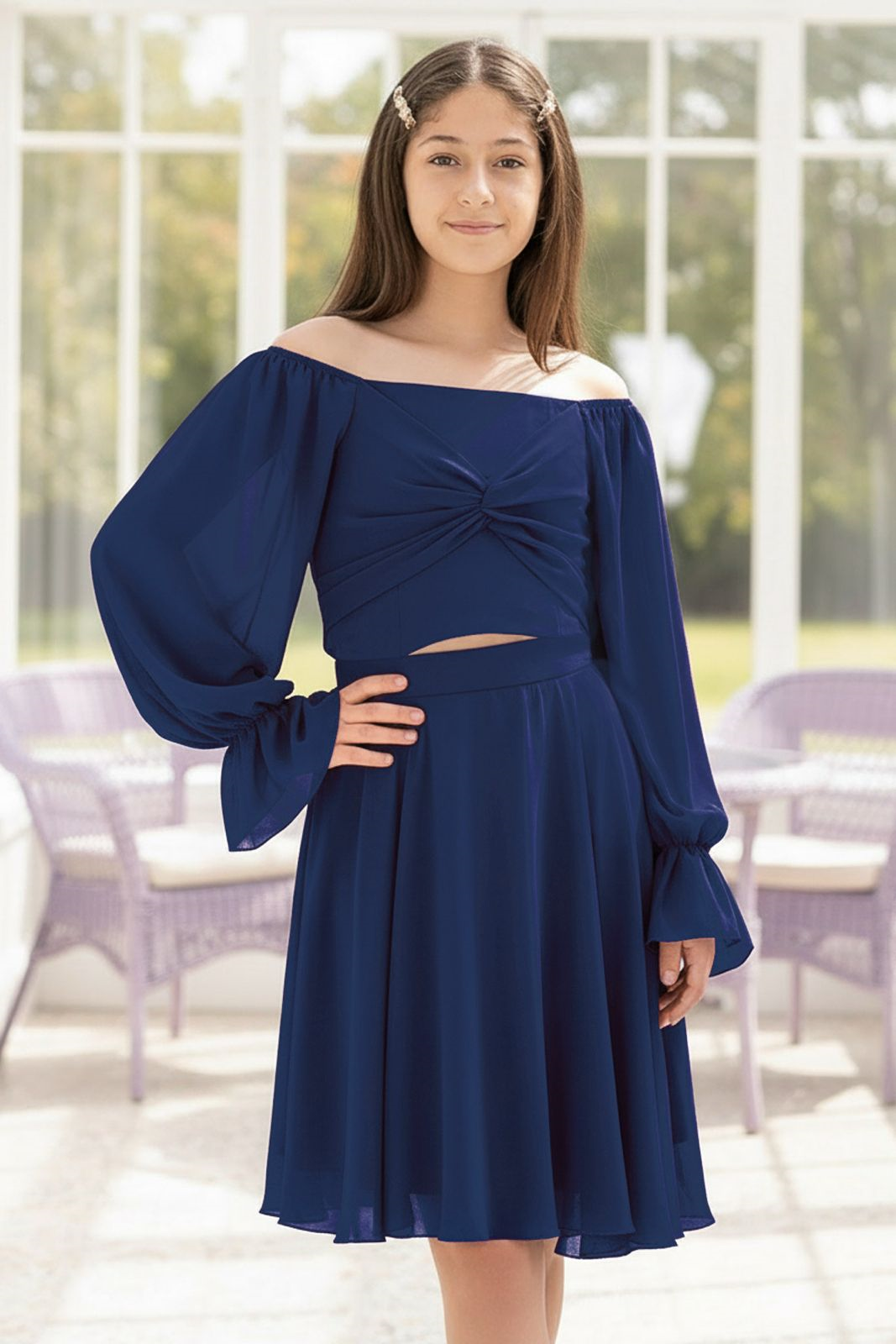 Balloon Sleeve Chiffon Evening Dress Plum MDV934MDV934-LACİVERTModaviki