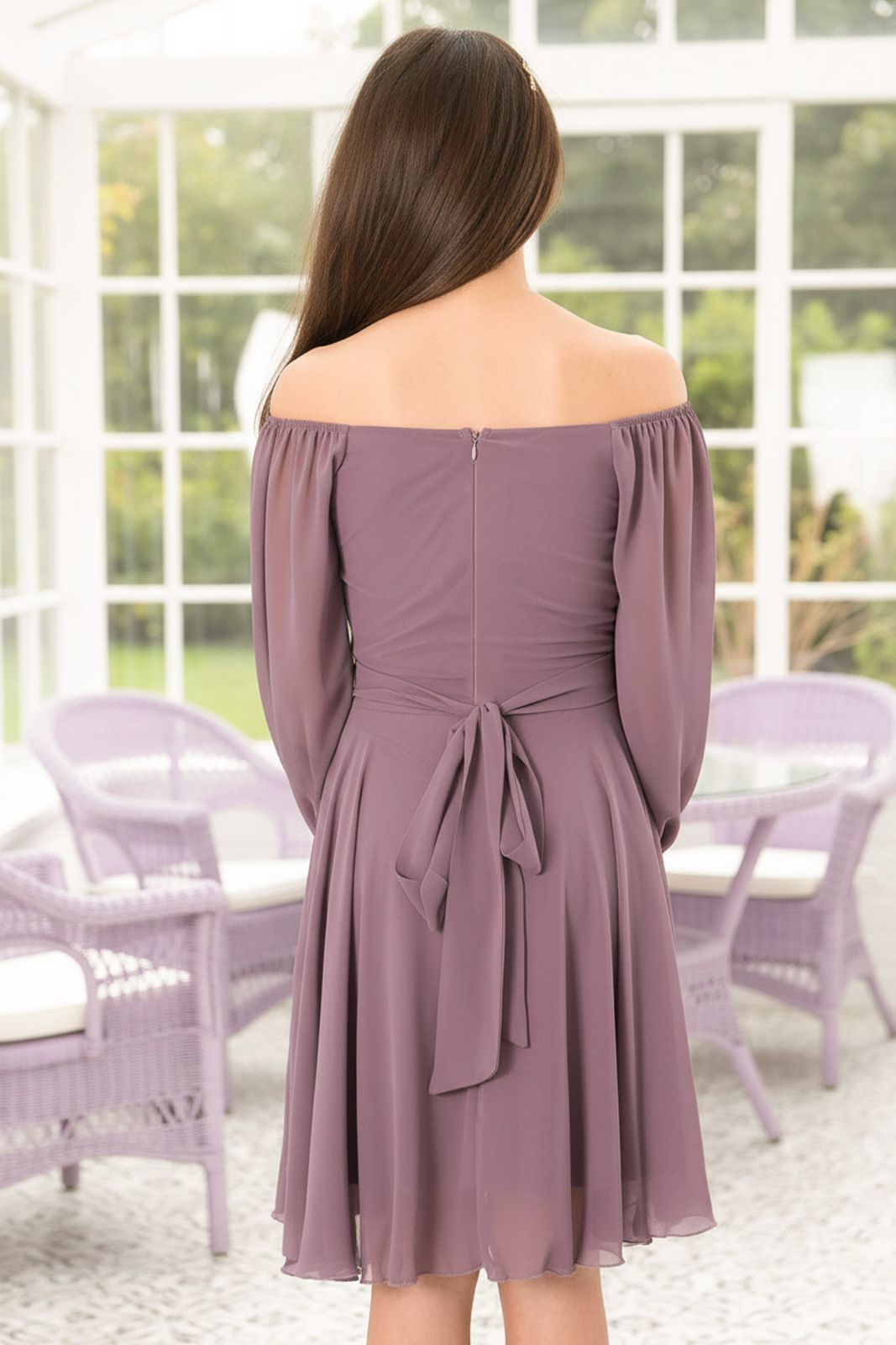 Balloon Sleeve Chiffon Evening Dress Plum MDV934MDV934-LİLAModaviki
