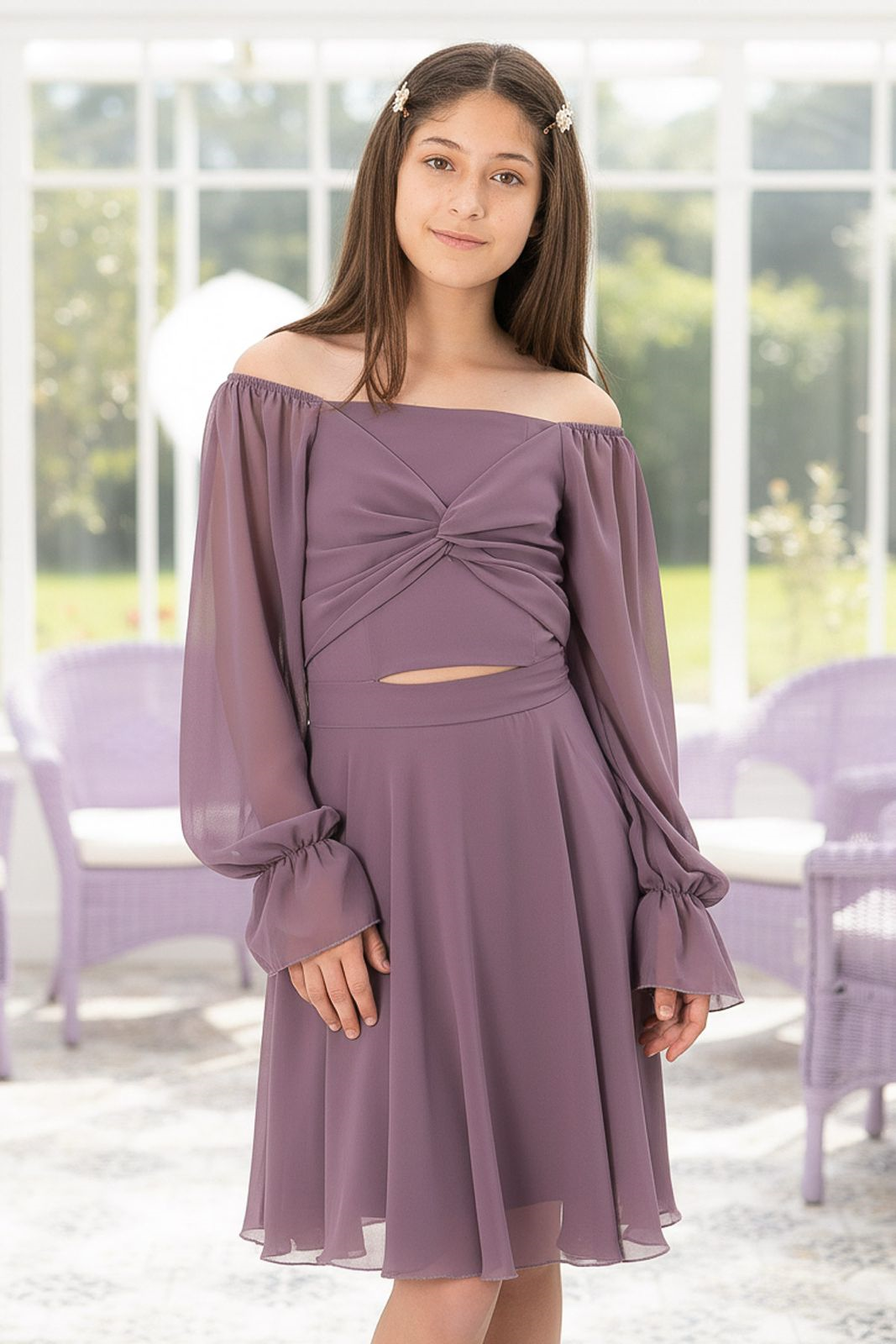 Balloon Sleeve Chiffon Evening Dress Plum MDV934MDV934-LİLAModaviki
