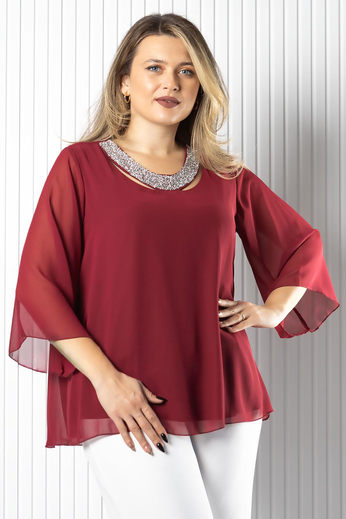 Şifon Yaka Detaylı BluzMDV970-BordoModaviki