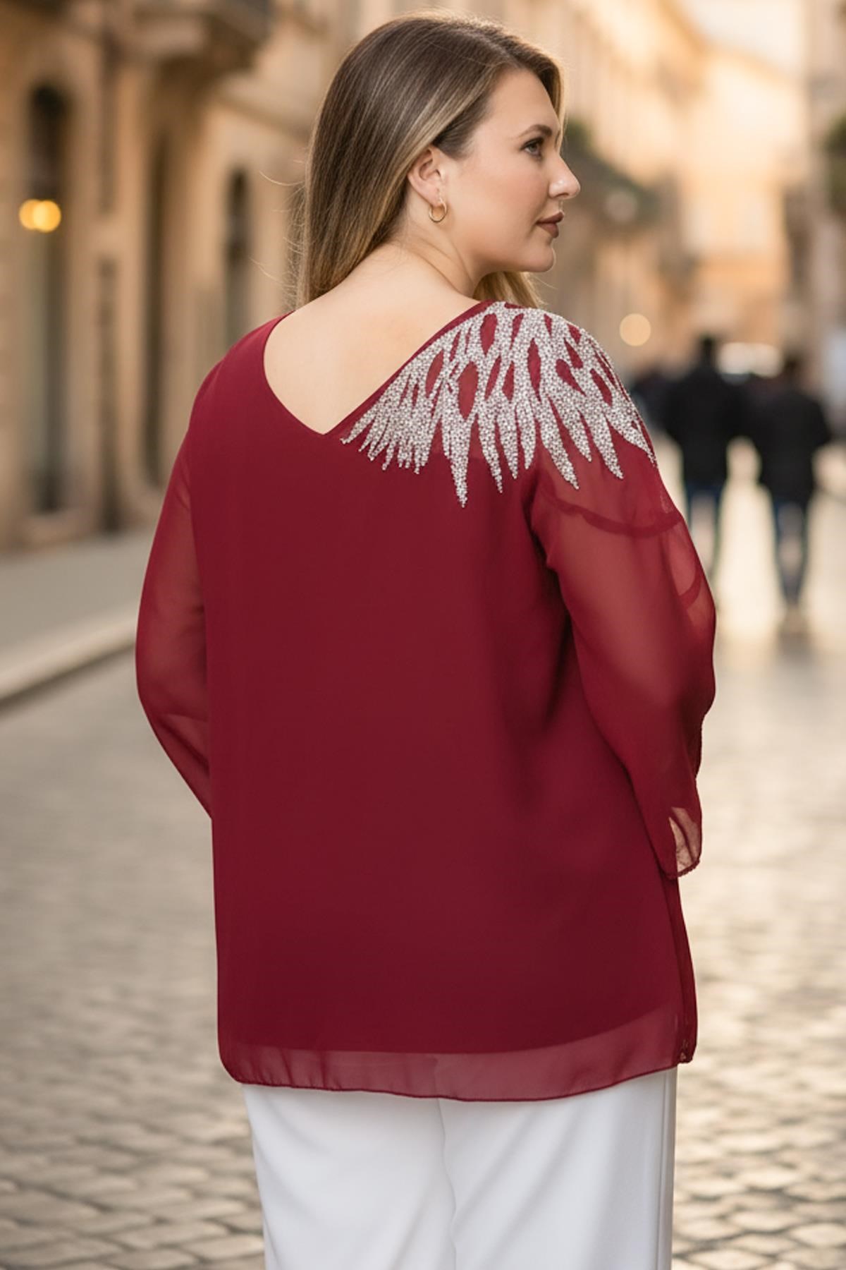 Tek Omuz İşlemeli Şifon Bluz  Bordo MDV972MDV972-BordoModaviki