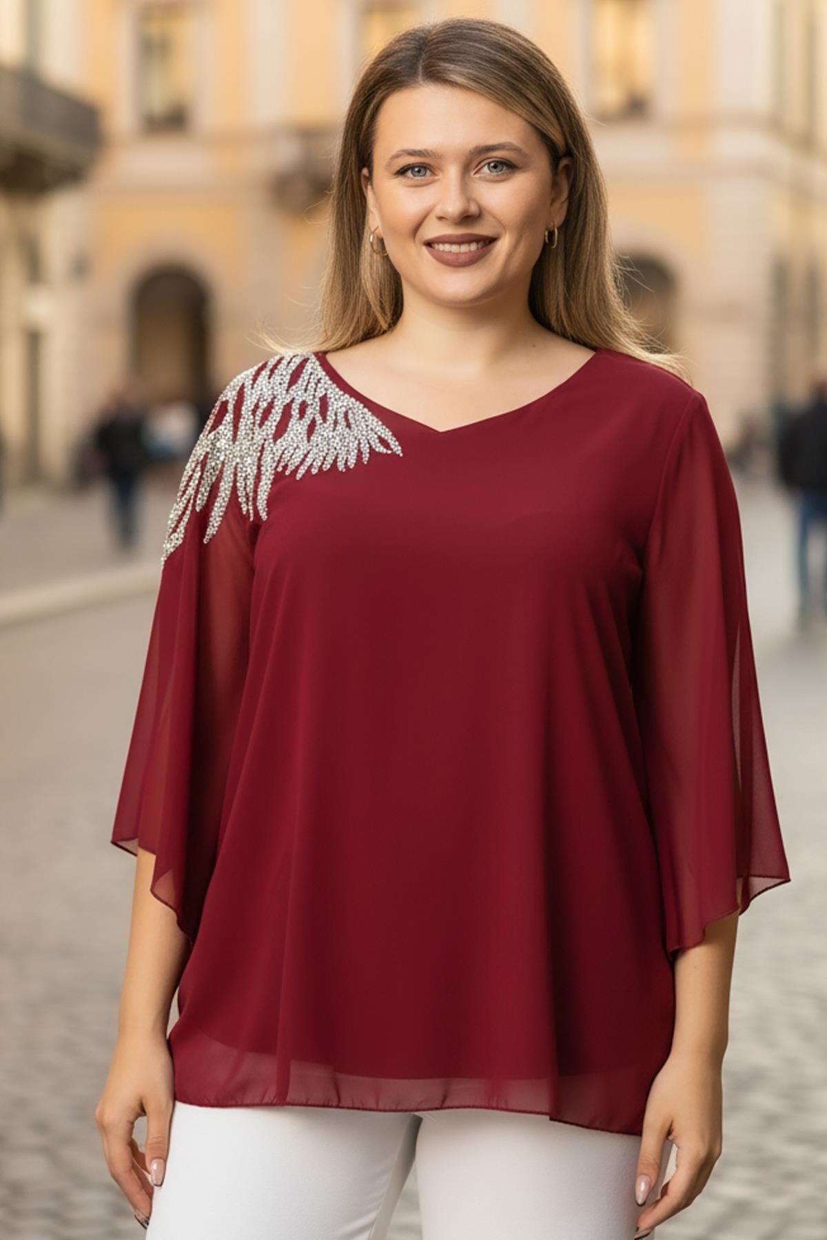Tek Omuz İşlemeli Şifon Bluz  Bordo MDV972MDV972-BordoModaviki