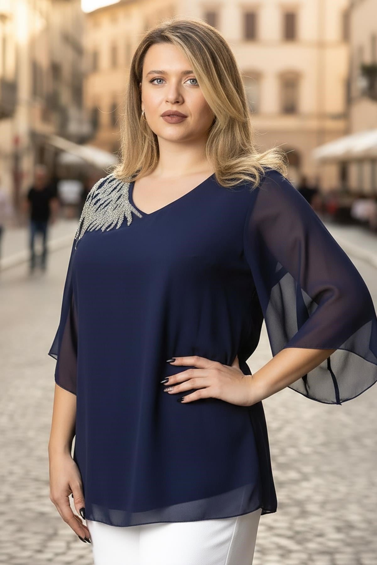 Tek Omuz İşlemeli Şifon Bluz  Lacivert MDV972MDV972-LacivertModaviki