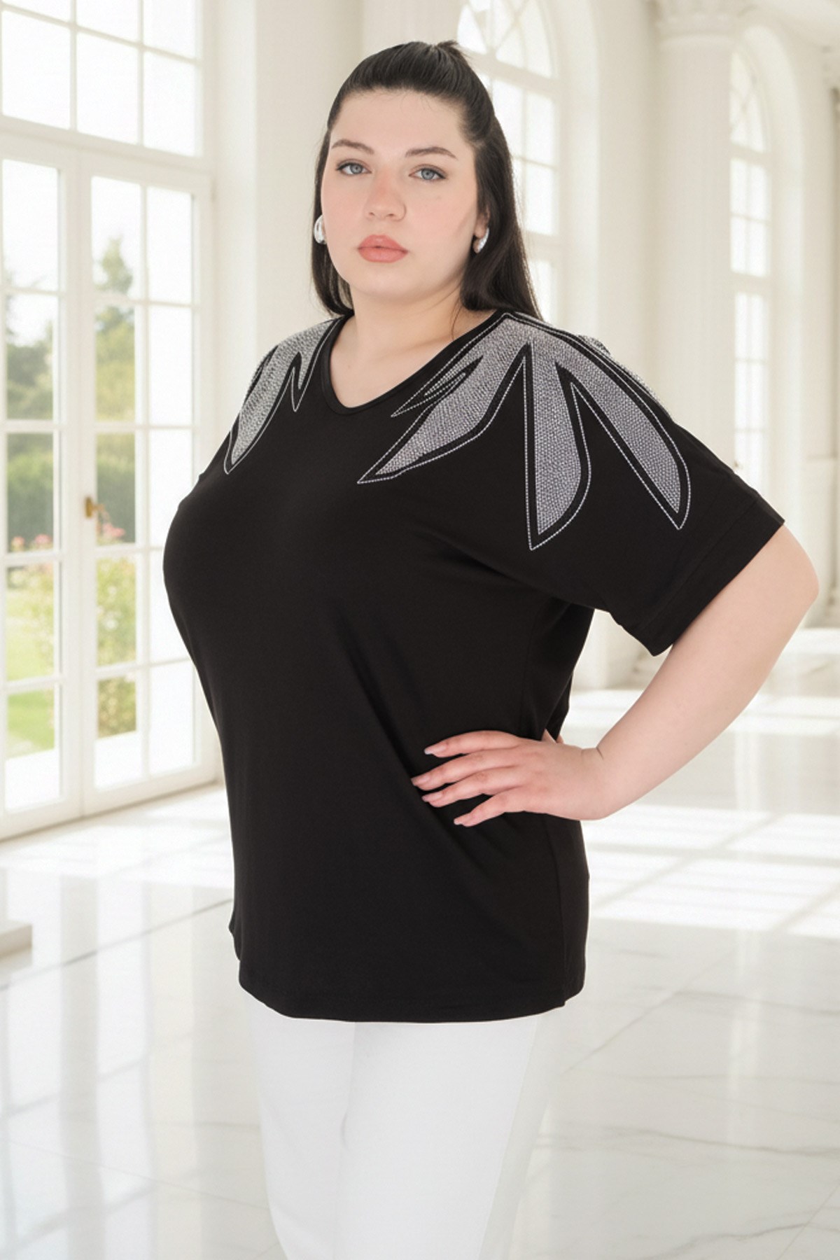 Siyah Parlak Omuz Detaylı BluzMDVB01-SiyahModaviki