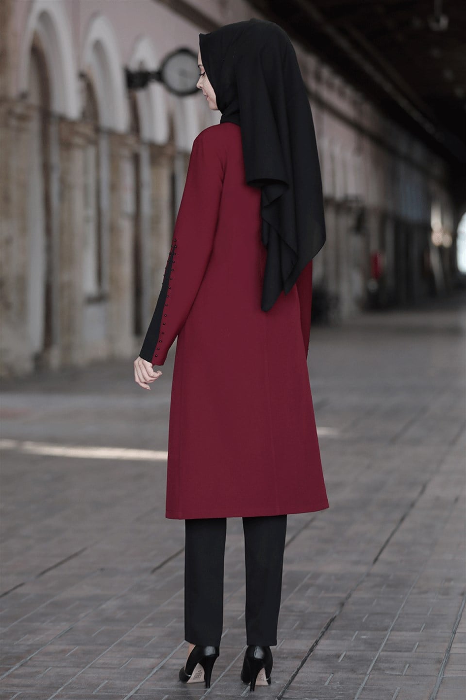 Tunic - Pants - 2 Piece Suit - Crepe - Unlined - Crew Neck - Claret Red - SN12