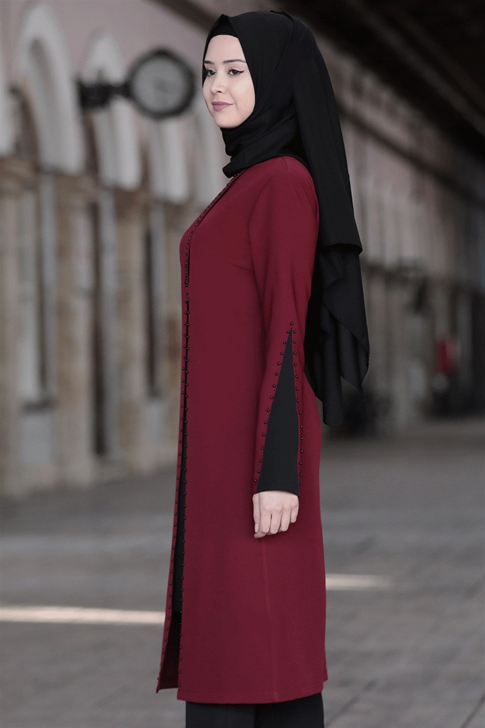 Tunic - Pants - 2 Piece Suit - Crepe - Unlined - Crew Neck - Claret Red - SN12