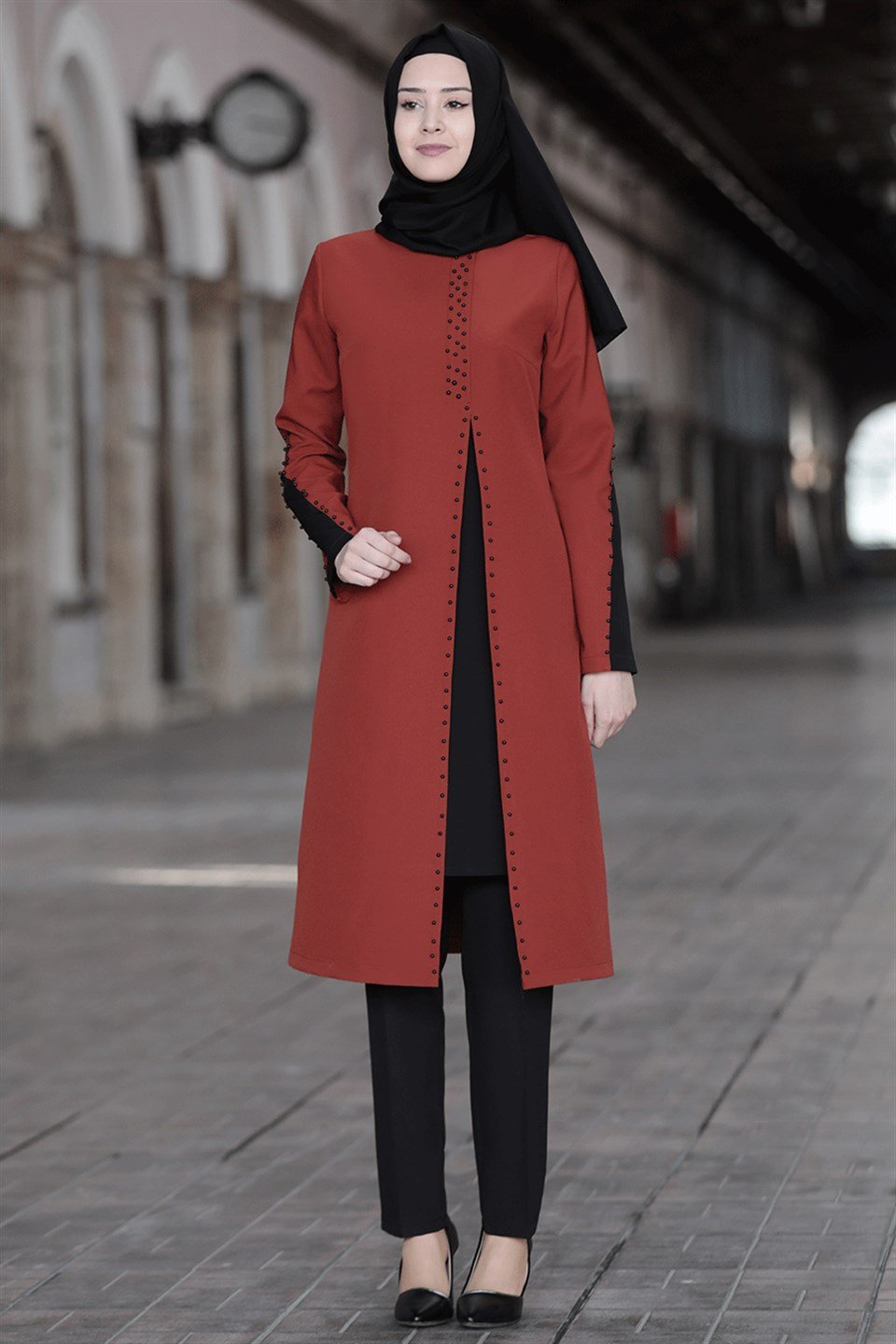 Tunic - Pants - 2 Piece Suit - Crepe - Unlined - Crew Neck - Brick - SN12