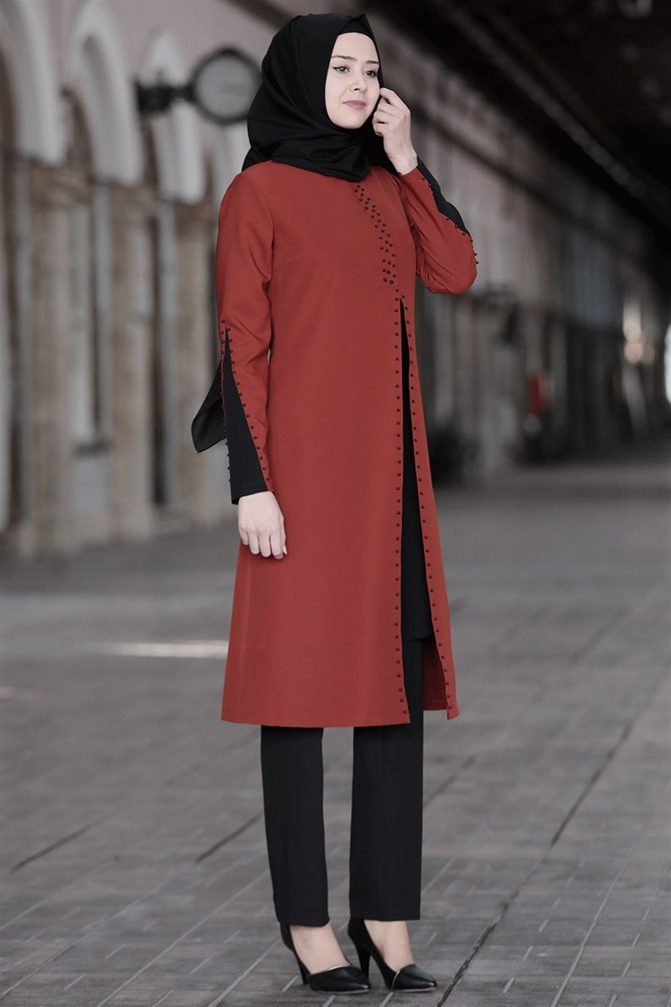 Tunic - Pants - 2 Piece Suit - Crepe - Unlined - Crew Neck - Brick - SN12
