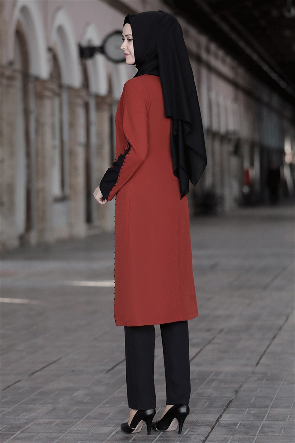 Tunic - Pants - 2 Piece Suit - Crepe - Unlined - Crew Neck - Brick - SN12