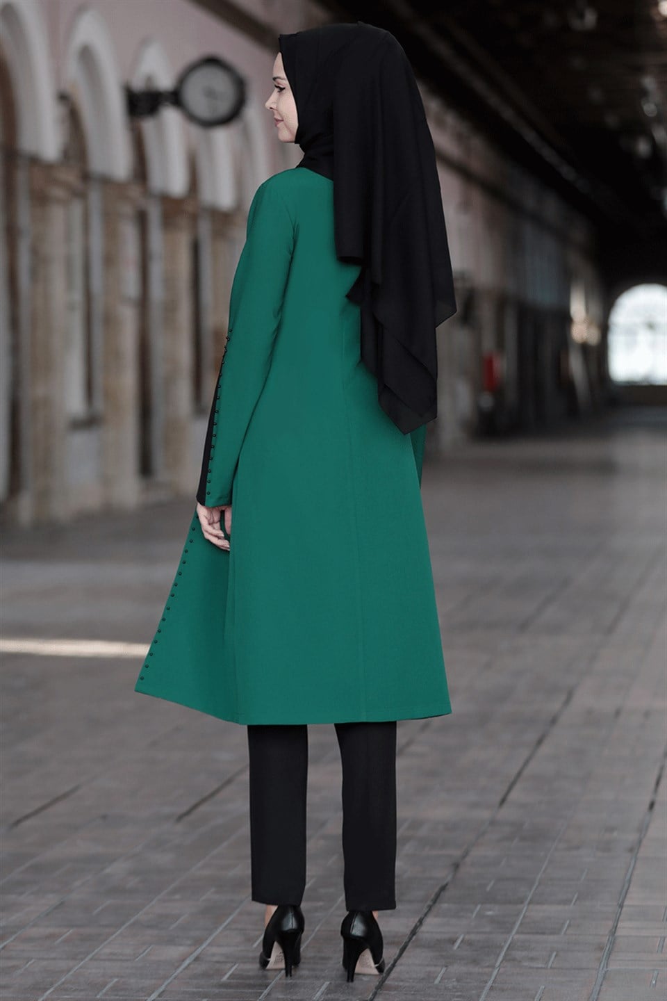 Tunic - Pants - 2 Piece Suit - Crepe - Unlined - Crew Neck - Emerald Green - SN12