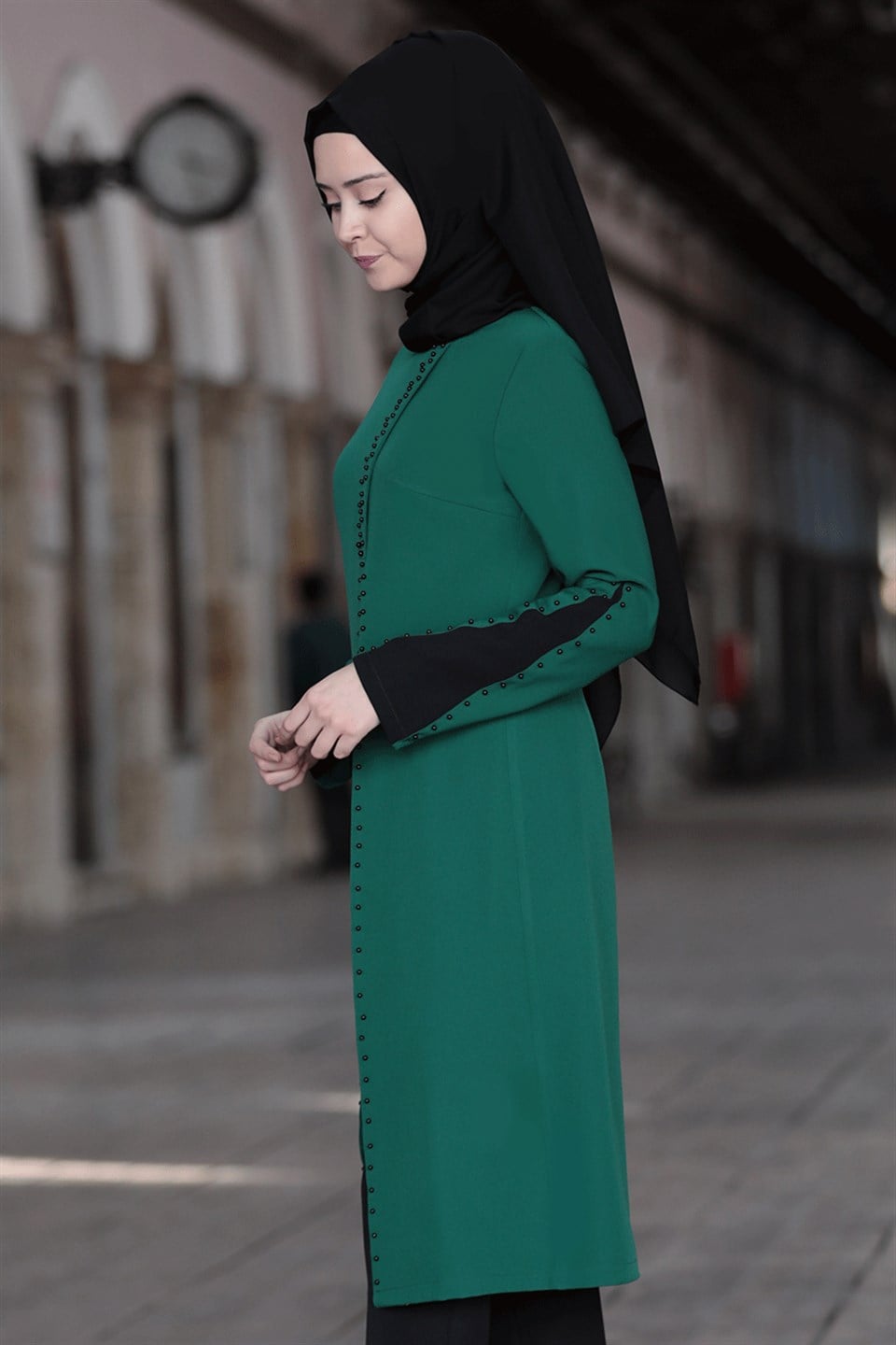 Tunic - Pants - 2 Piece Suit - Crepe - Unlined - Crew Neck - Emerald Green - SN12