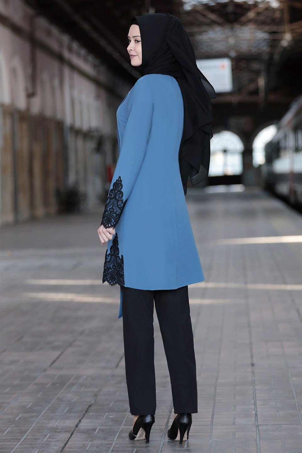 Tunique - Pantalon - Ensemble 2'er Set - Crêpe - Sans Doublure - Ras du Cou - Bleu - SN16