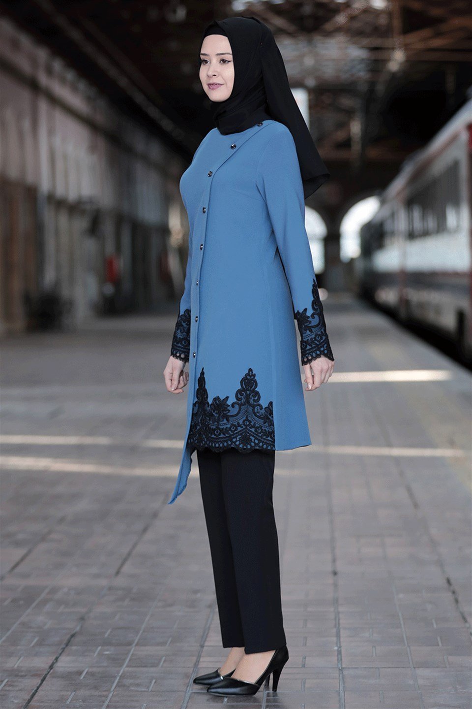 Tunique - Pantalon - Ensemble 2'er Set - Crêpe - Sans Doublure - Ras du Cou - Bleu - SN16