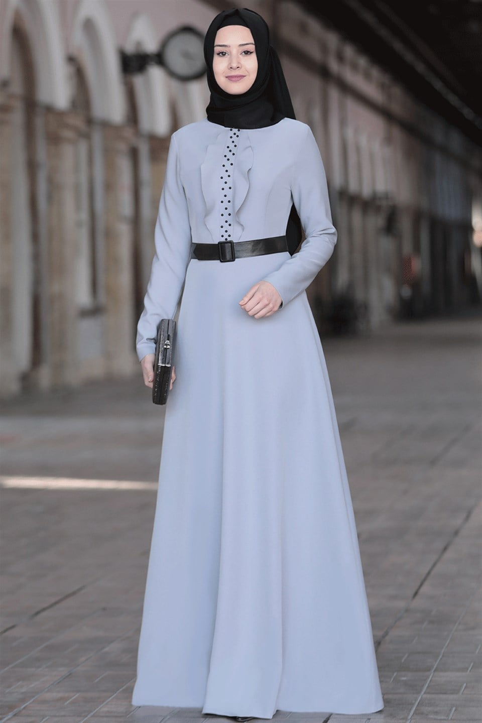 Dress - Crepe - Unlined - High Collar - Grey - SN18