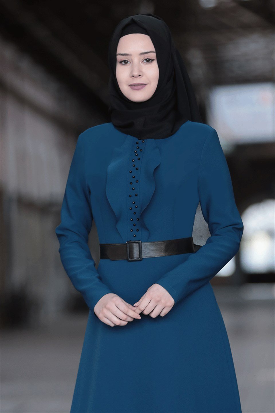 Dress - Crepe - Unlined - High Collar - Petrol - SN18