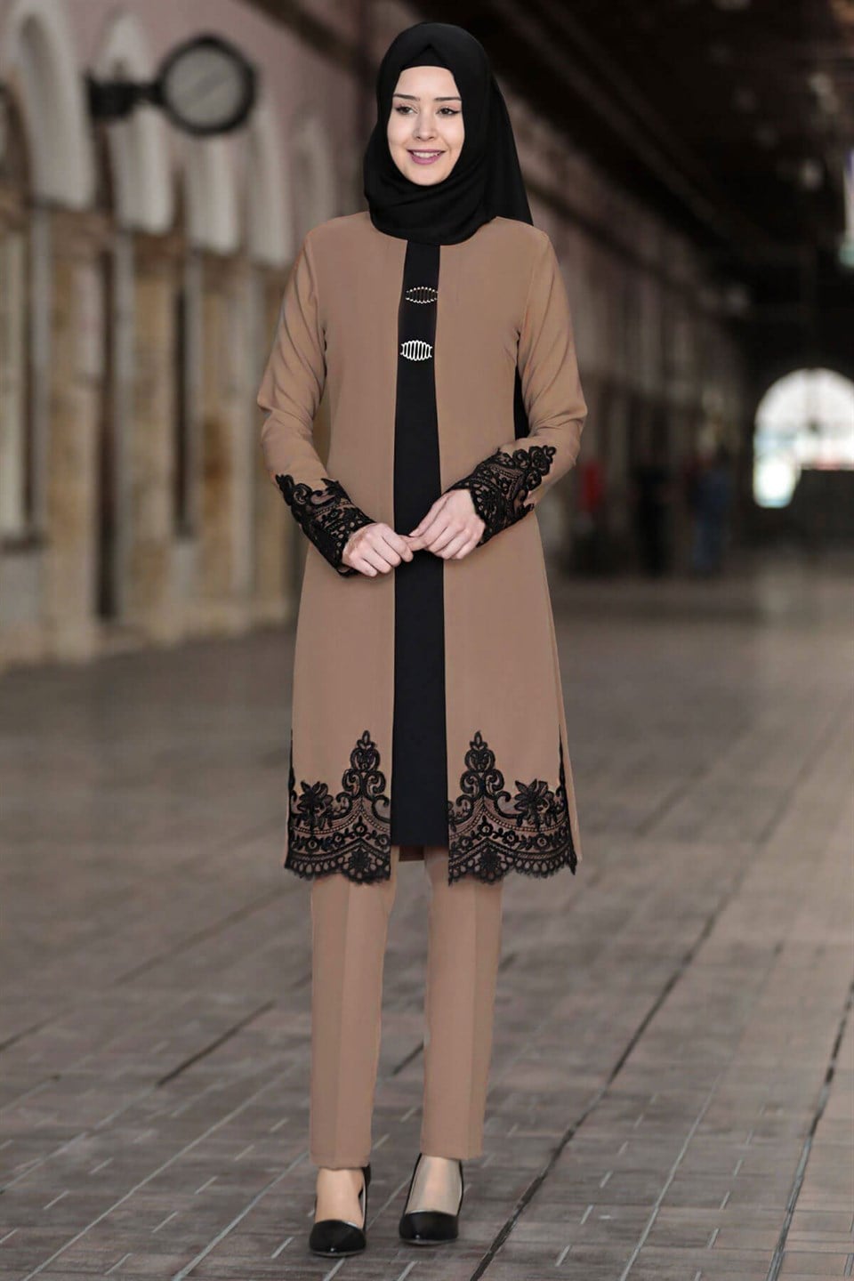 Tunique - Pantalon - Ensemble 2'er Set - Crêpe - Sans Doublure - Ras du Cou - Vison - SN28