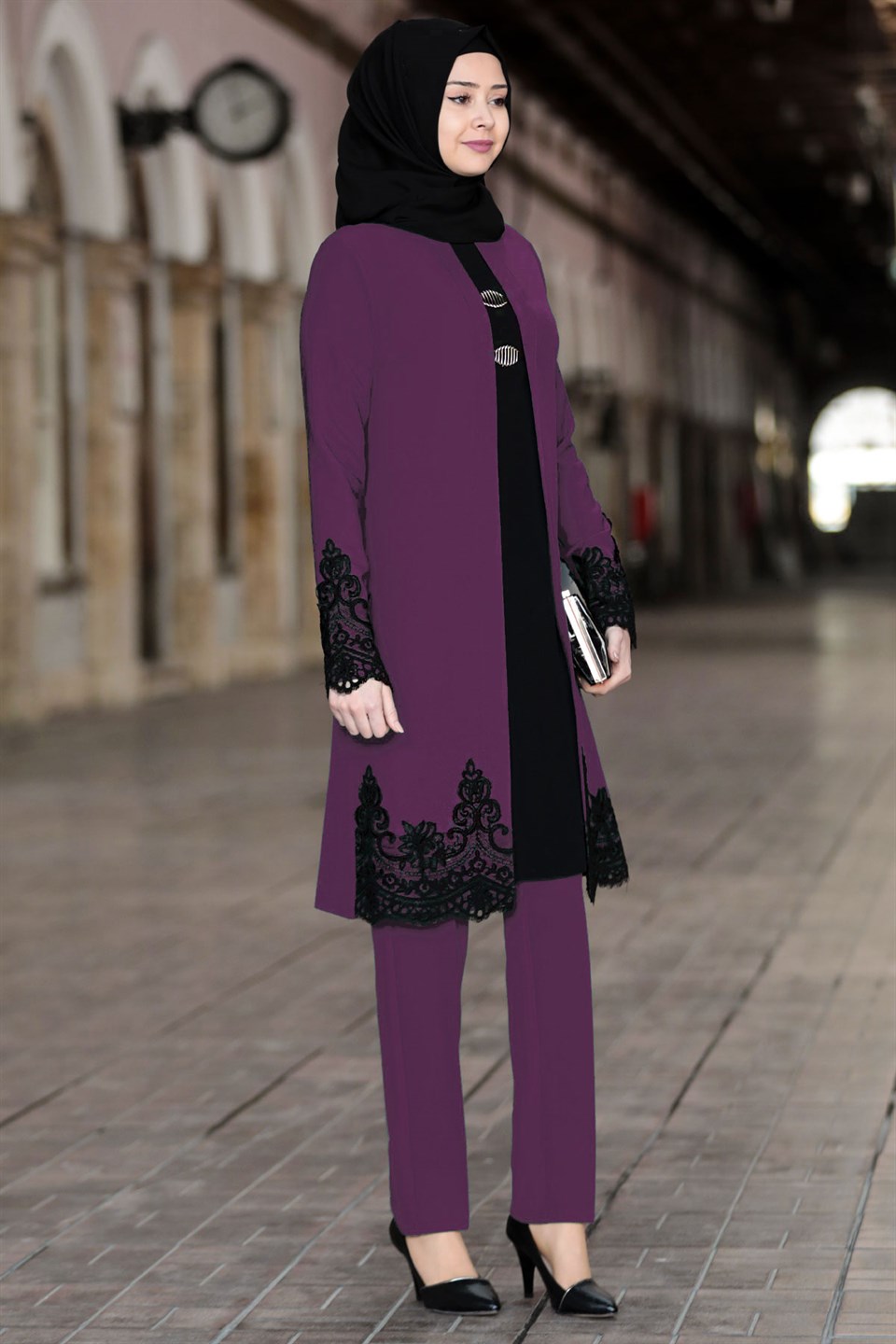 Tunic - Pants - 2 Piece Suit - Crepe - Unlined - Crew Neck - Lilac - SN28