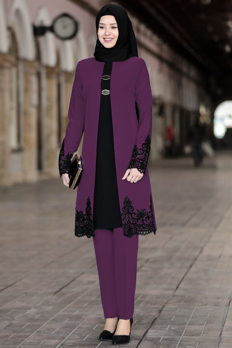 Tunic - Pants - 2 Piece Suit - Crepe - Unlined - Crew Neck - Lilac - SN28