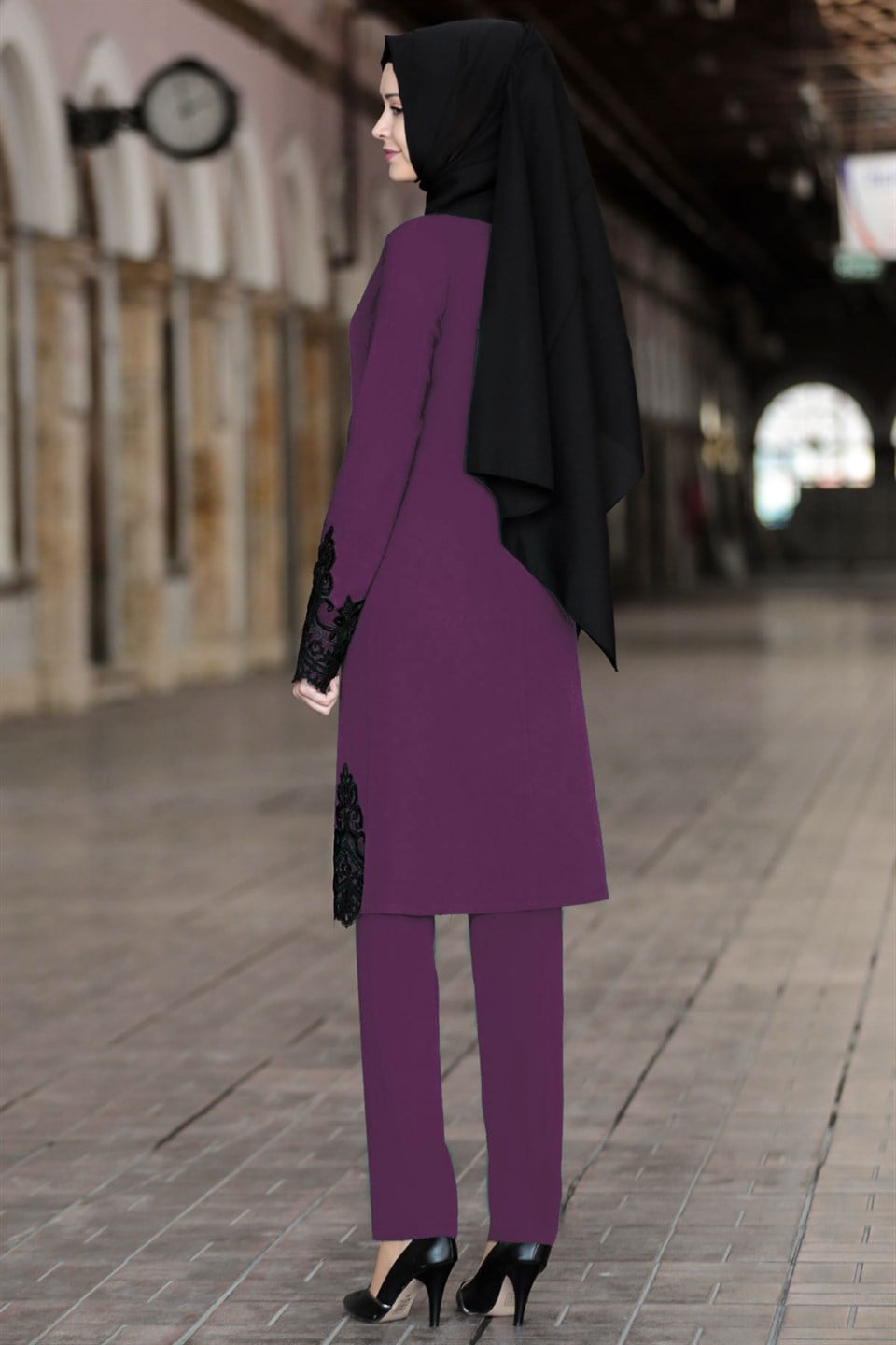 Tunic - Pants - 2 Piece Suit - Crepe - Unlined - Crew Neck - Lilac - SN28