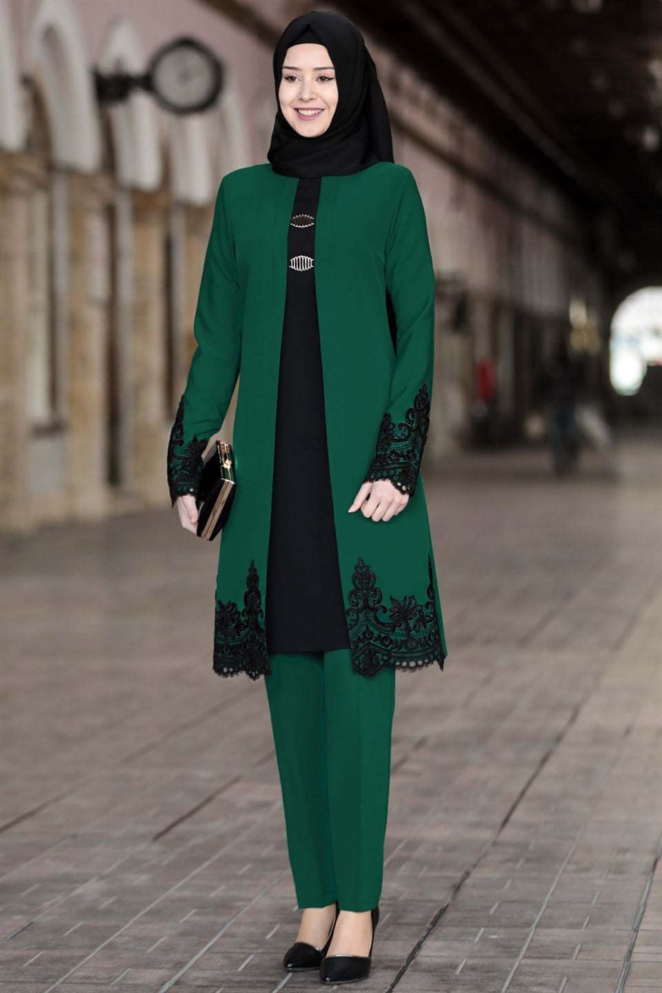 Tunic - Pants - 2 Piece Suit - Crepe - Unlined - Crew Neck - Emerald Green - SN28