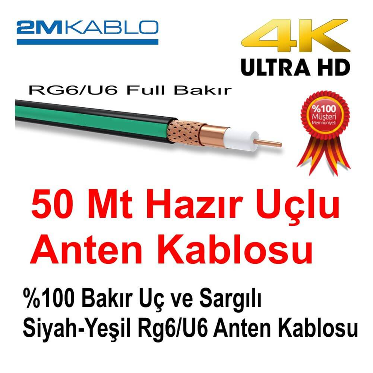2MUydu Anten Kabloları50 Mt Hazır Uçlu 2M 1.Kalite Full Bakır 96 Tel Bakır Folyo Sargı