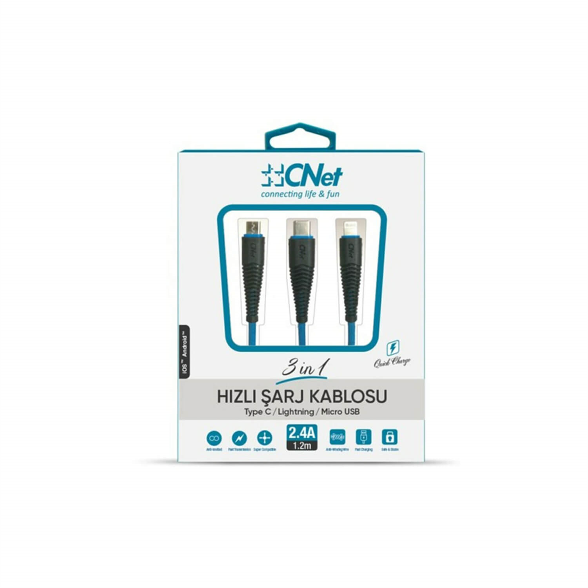 CnetData (Şarj) KablolarıCnet 3in1 Hızlı Şarj Kablosu