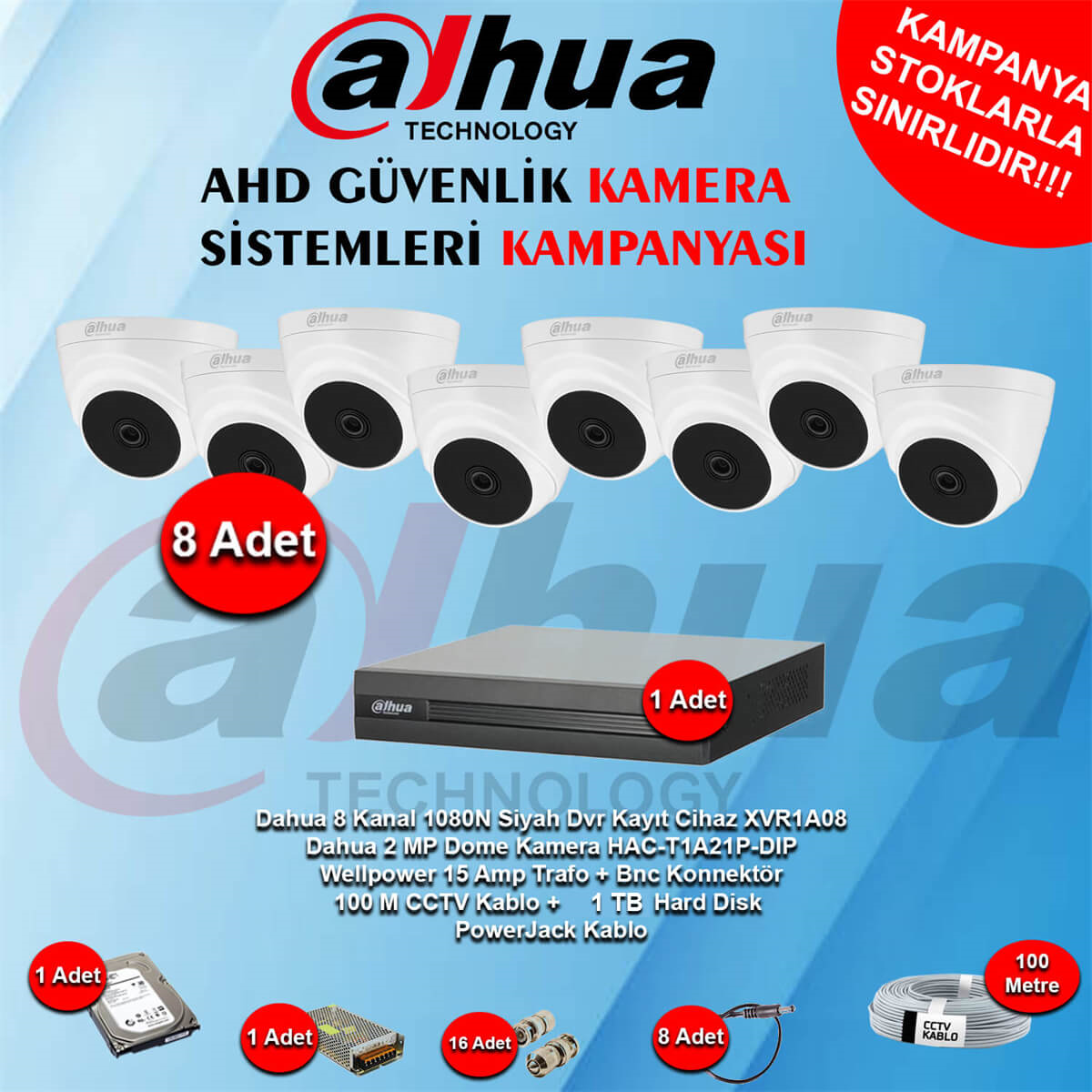 DahuaGüvenlik Kamera SetleriDahua 8 Kanal Dome Ahd Güvenlik Kamera Kampanya Seti