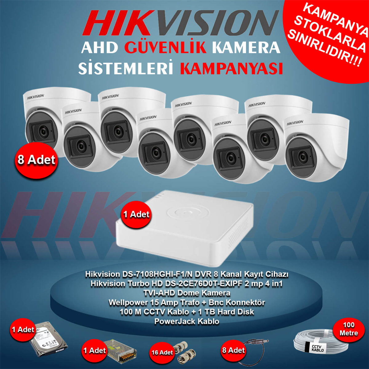 HikvisionGüvenlik Kamera SetleriHikvision AHD 8 Adet 2 Mp Dome Güvenlik Kamera Seti