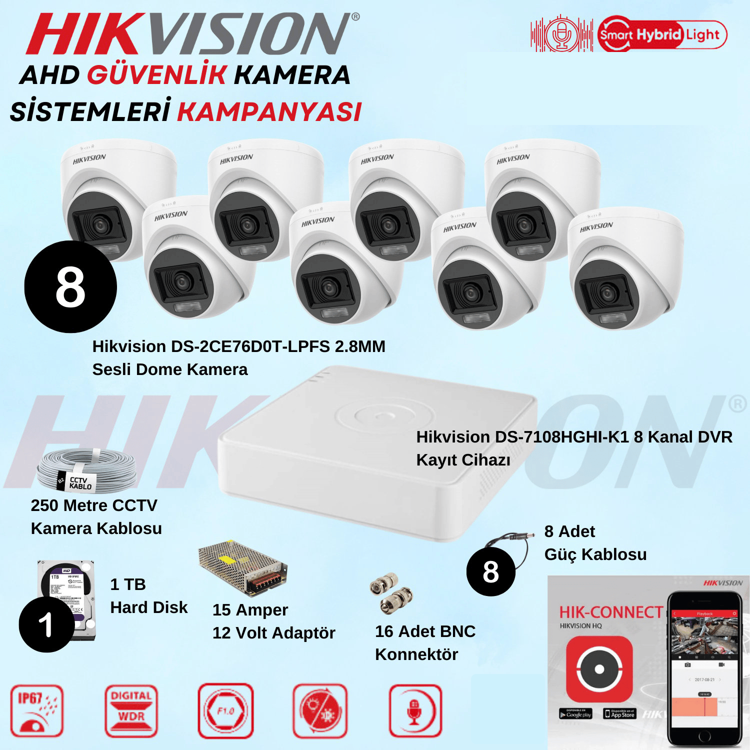 HikvisionGüvenlik Kamera SetleriHikvision Sesli Smart Hybrid Light AHD 8 Adet Dome Kamera 2 Mp Güvenlik Kamera Seti