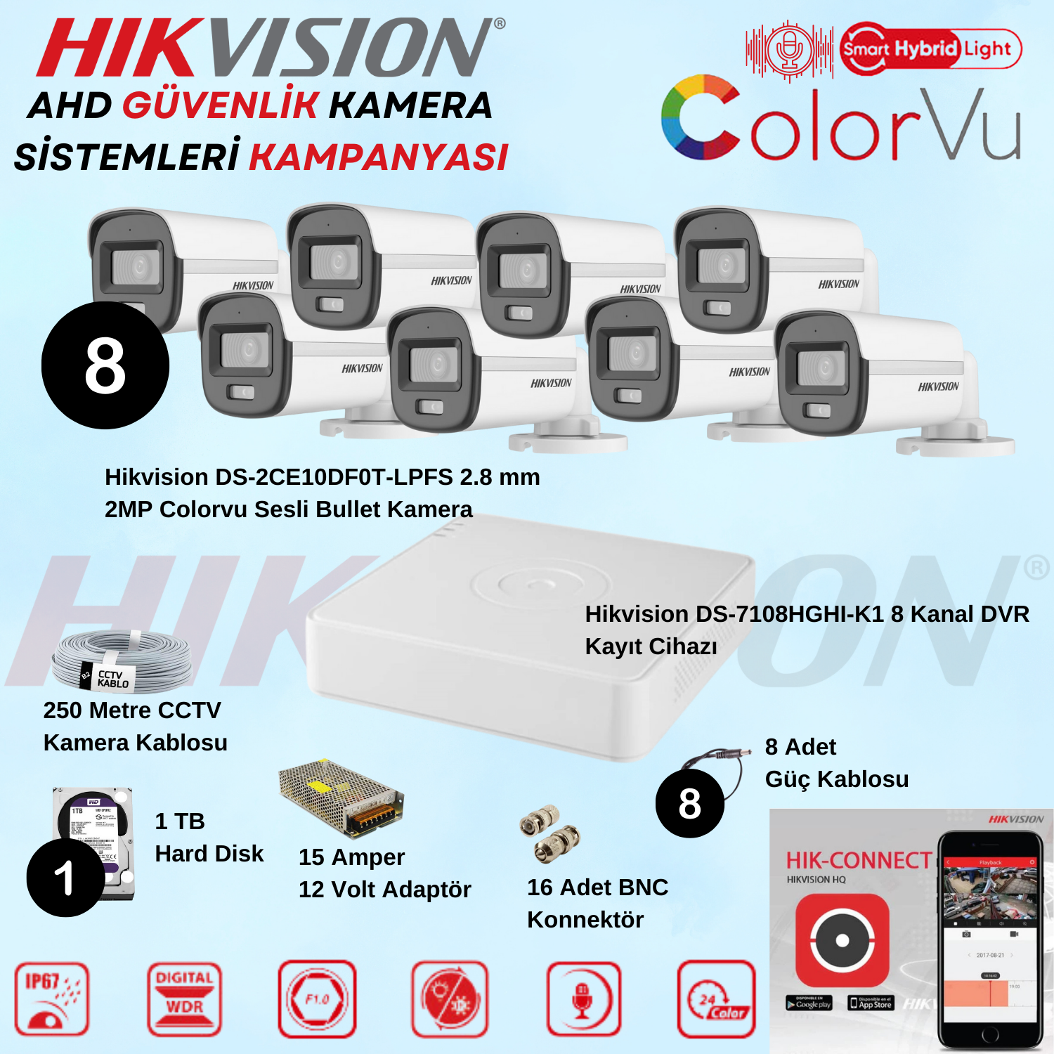HikvisionGüvenlik Kamera SetleriHikvision Sesli Smart Hybrid Light AHD 8 Adet Bullet 2 Mp Güvenlik Kamera Seti