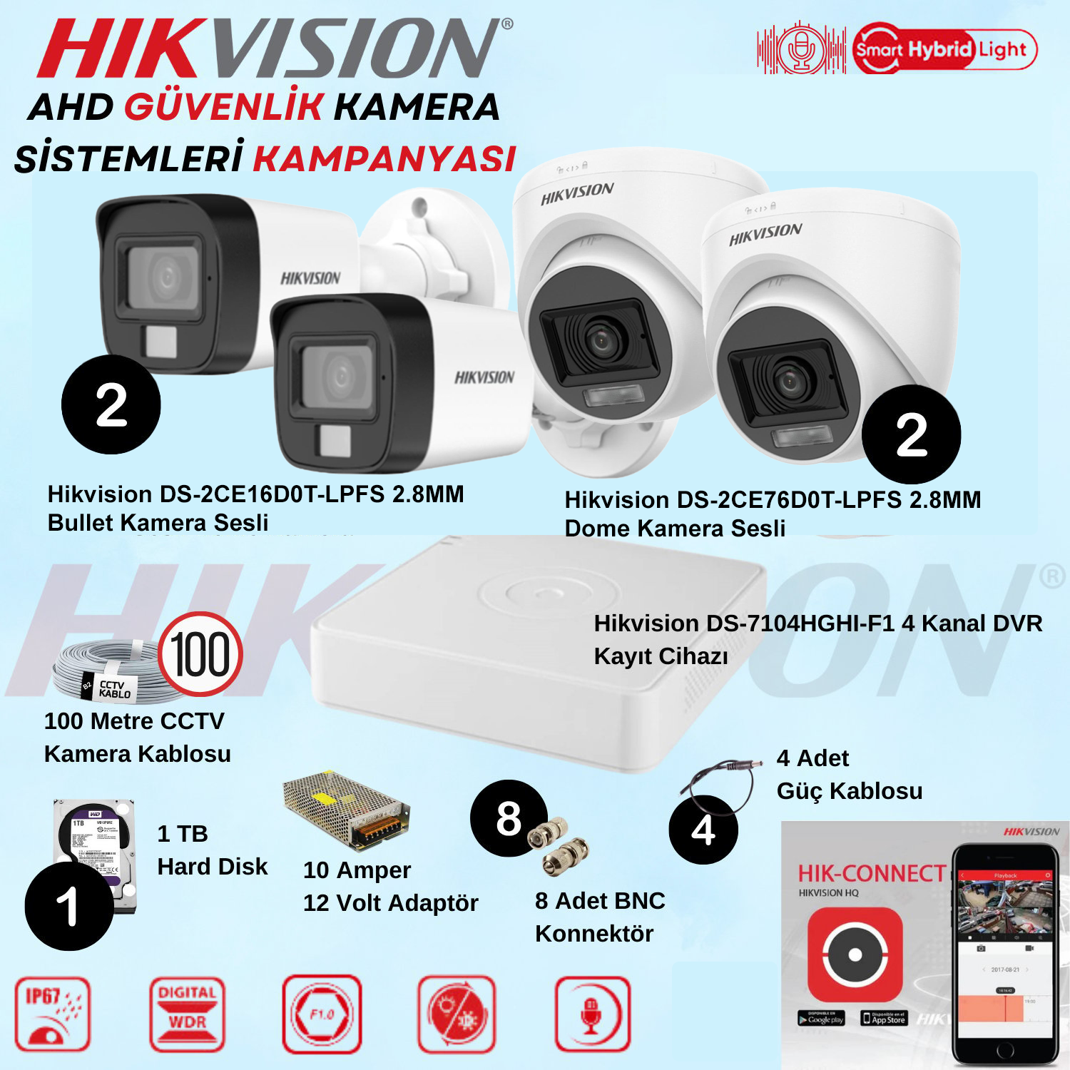 HikvisionGüvenlik Kamera SetleriHikvision Sesli Smart Hybrid Light AHD 2 Adet Dome 2 Adet Bullet Kamera 2 Mp Güvenlik Kamera Seti