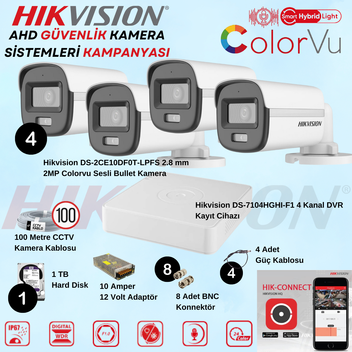 HikvisionGüvenlik Kamera SetleriHikvision Sesli Smart Hybrid Light AHD 4 Adet Bullet 2 Mp Güvenlik Kamera Seti