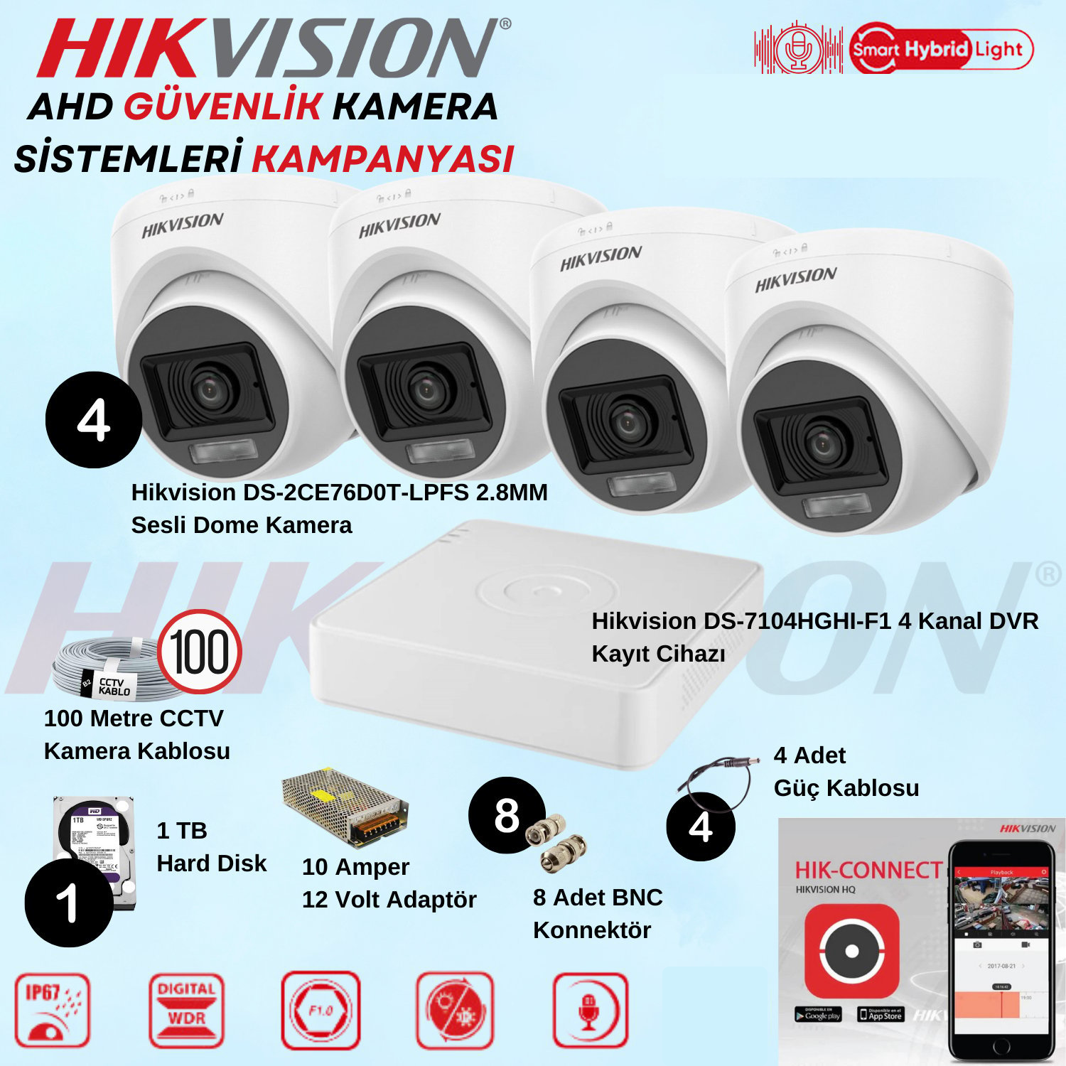 HikvisionGüvenlik Kamera SetleriHikvision Sesli Smart Hybrid Light AHD 4 Adet Dome Kamera 2 Mp Güvenlik Kamera Seti