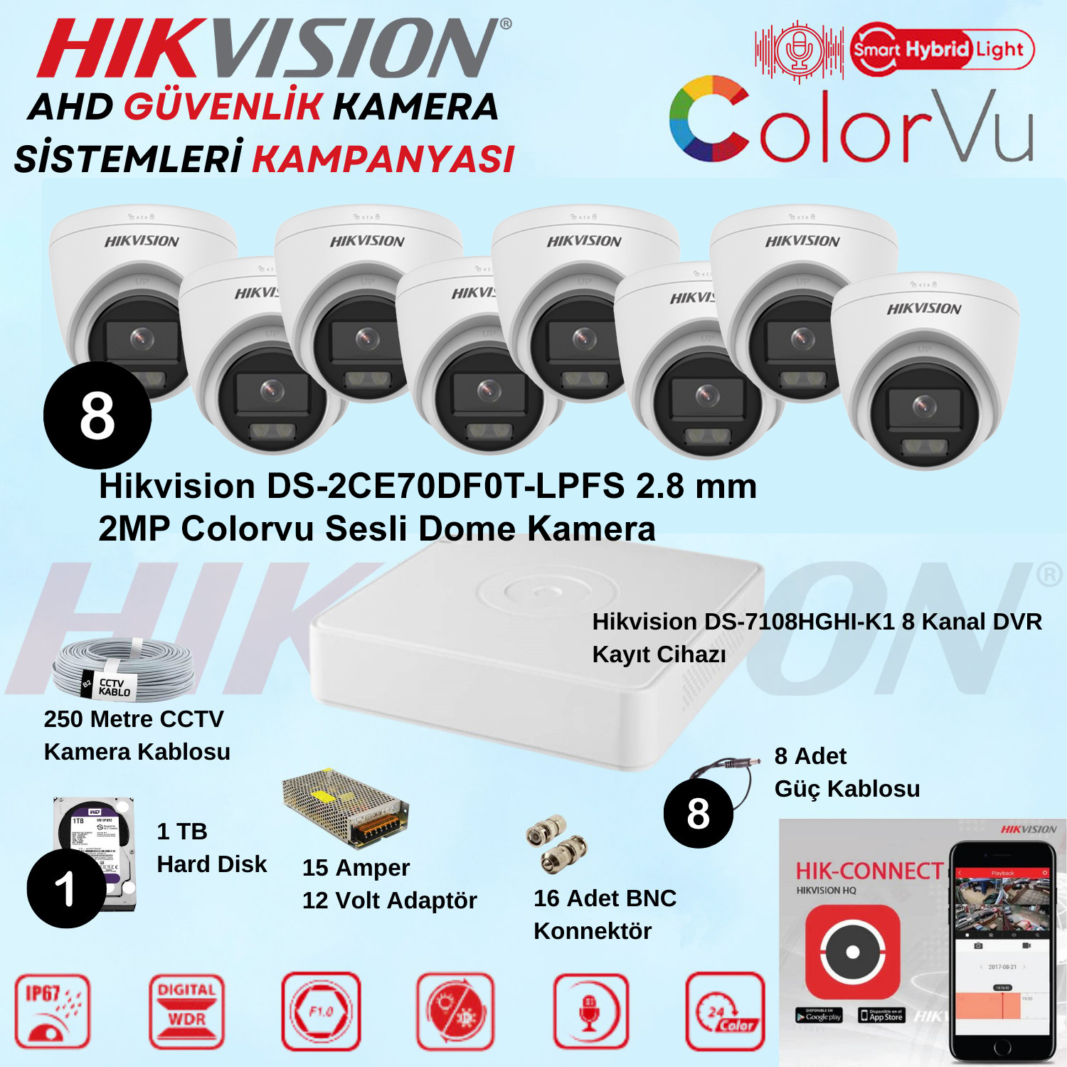 HikvisionGüvenlik Kamera SetleriHikvision Sesli Smart Hybrid Light 8 Adet Dome 2 Mp Güvenlik Kamera Seti