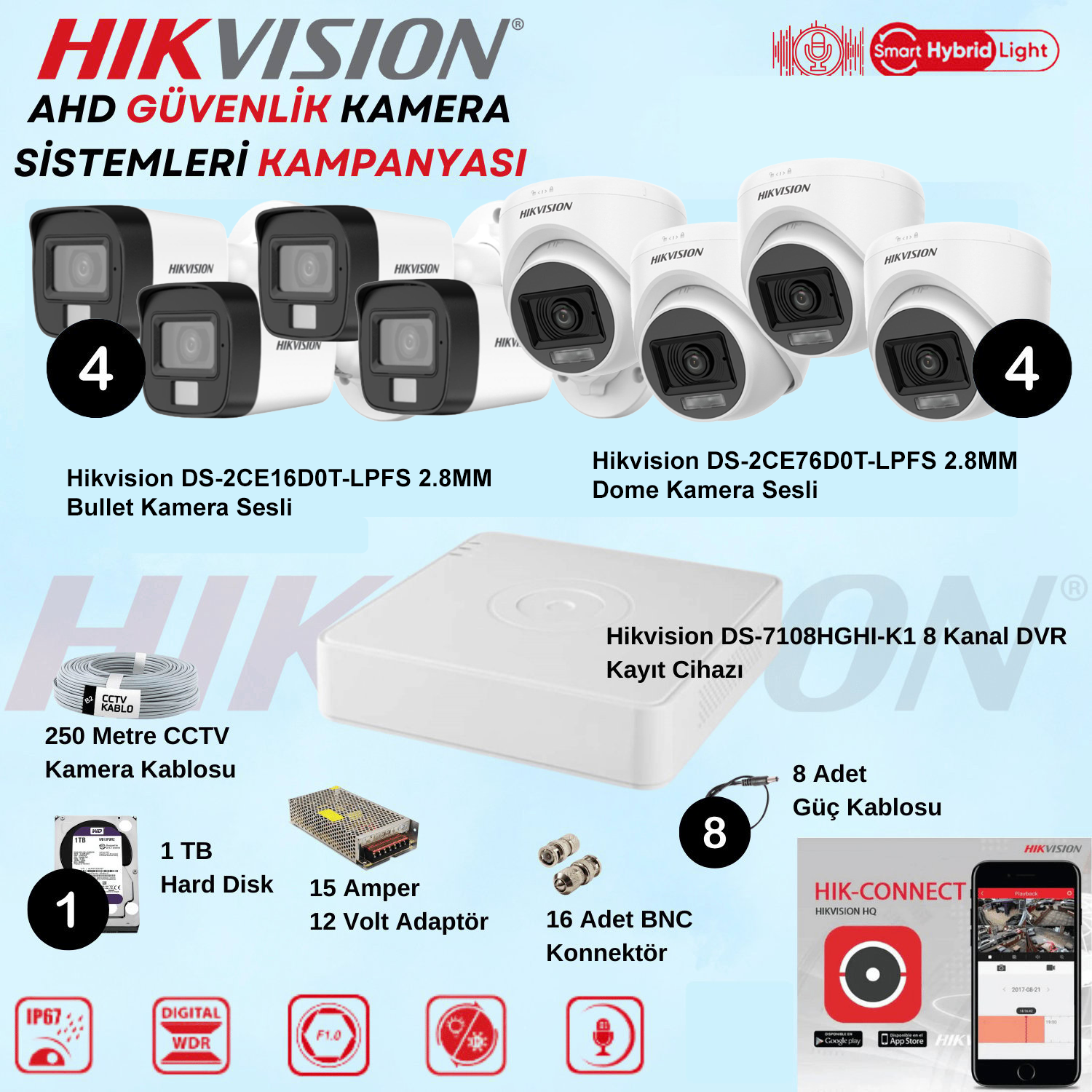 HikvisionGüvenlik Kamera SetleriHikvision Sesli Smart Hybrid Light AHD 4 Adet Bullet 4 Adet Dome Kamera 2 Mp Güvenlik Kamera Seti