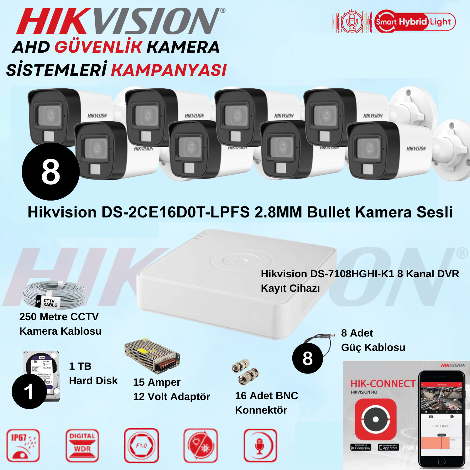 HikvisionGüvenlik Kamera SetleriHikvision Sesli Smart Hybrid Light AHD 8 Adet Bullet Kamera 2 Mp Güvenlik Kamera Seti