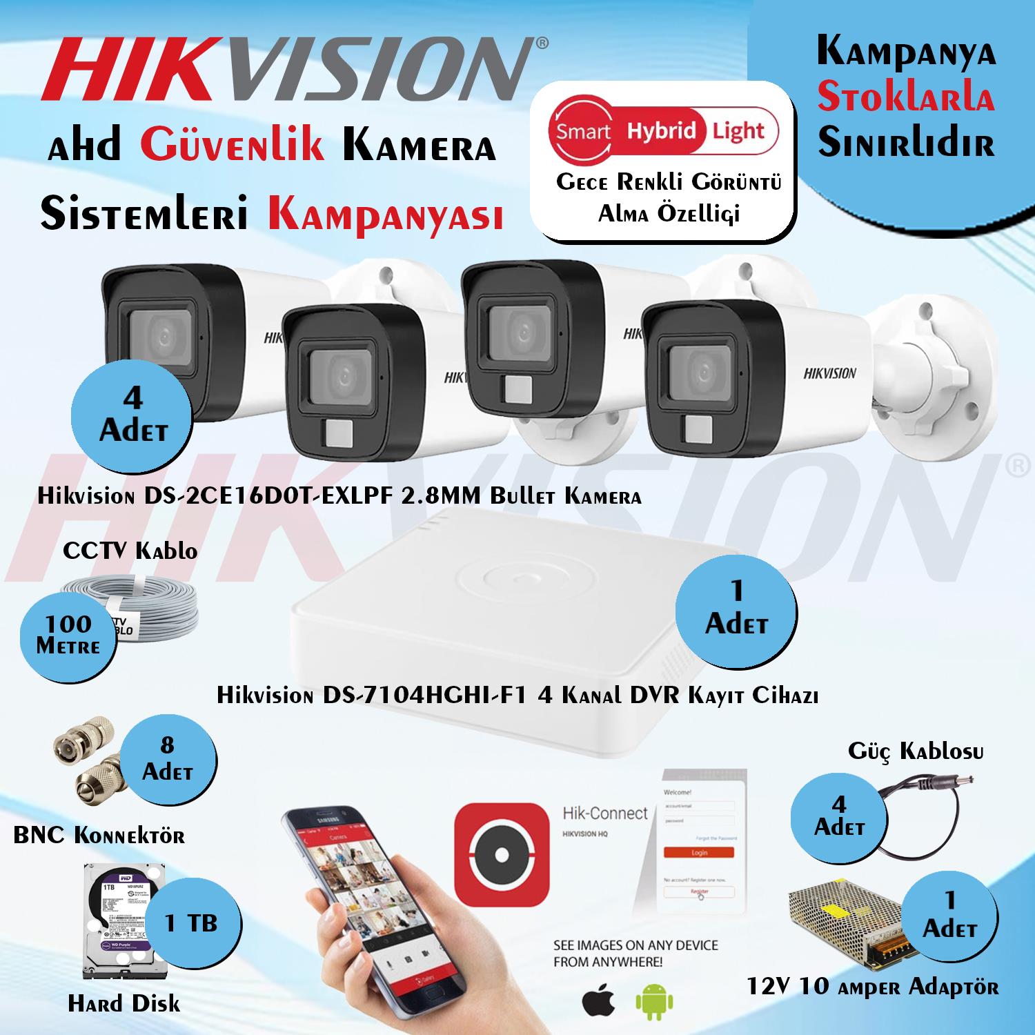 HikvisionGüvenlik Kamera SetleriHikvision Smart Hybrid Light AHD 4 Adet Bullet Kamera 2 Mp Güvenlik Kamera Seti
