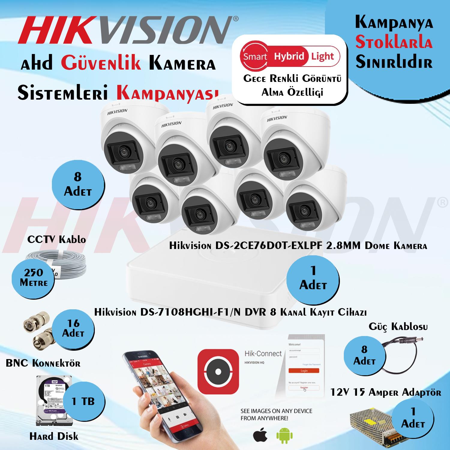HikvisionGüvenlik Kamera SetleriHikvision Smart Hybrid Light AHD 8 Adet Dome Kamera 2 Mp Güvenlik Kamera Seti