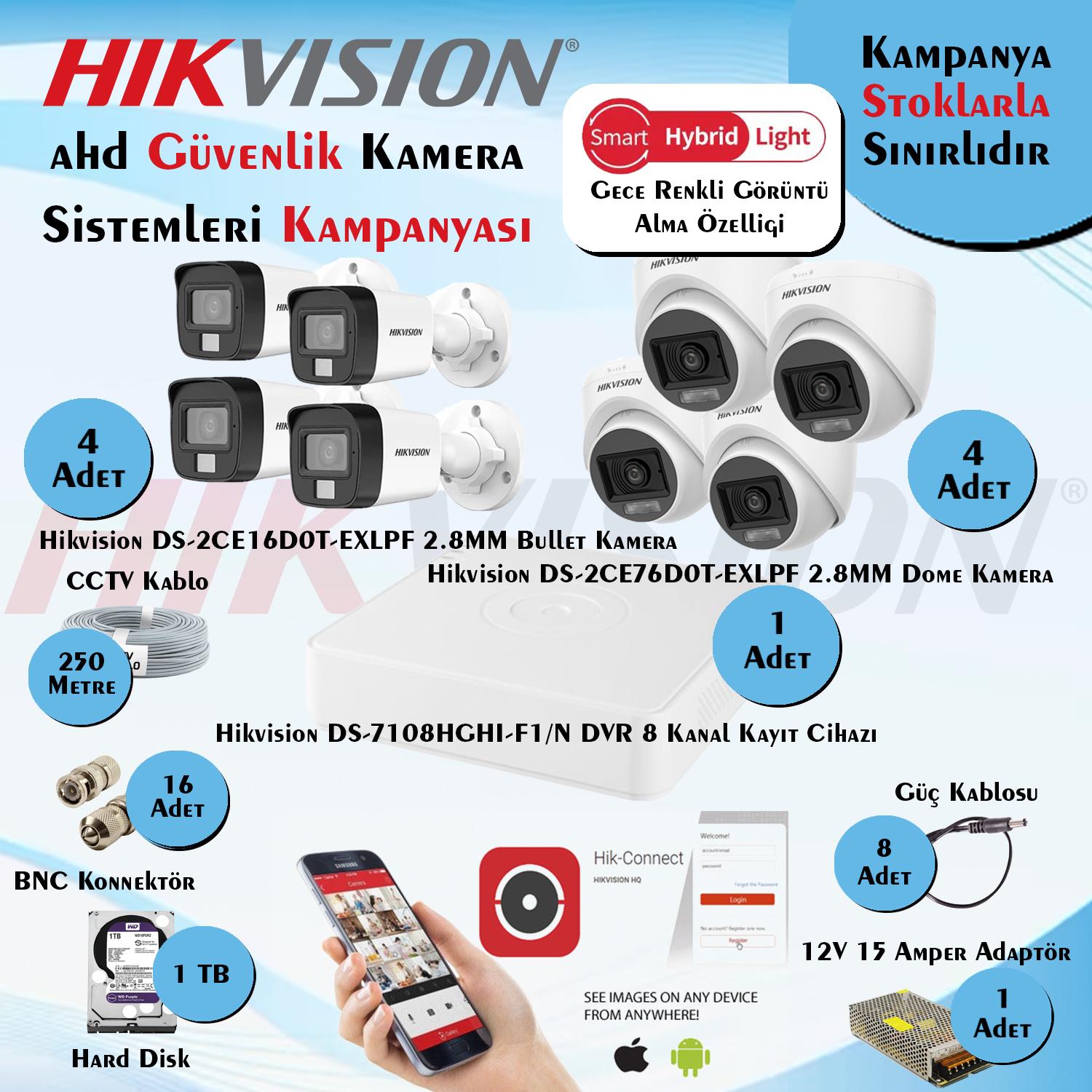 HikvisionGüvenlik Kamera SetleriHikvision Smart Hybrid Light AHD 8 Adet 2 Mp Güvenlik Kamera Seti