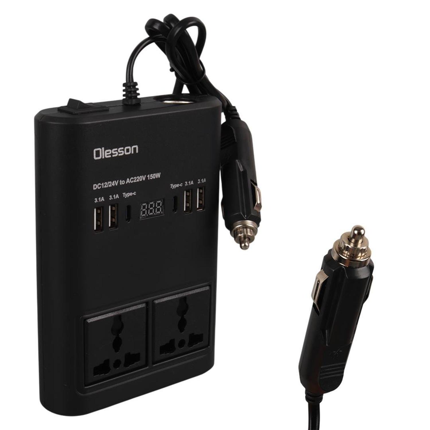 Olessonİnvertör ÇeşitleriOlesson 1662 DC 12-24V 150W Oto Araç Power İnverter Ek Çakmak Girişi - 2x TYPE-C - 4x USB - 2x 220V Üniversal Priz
